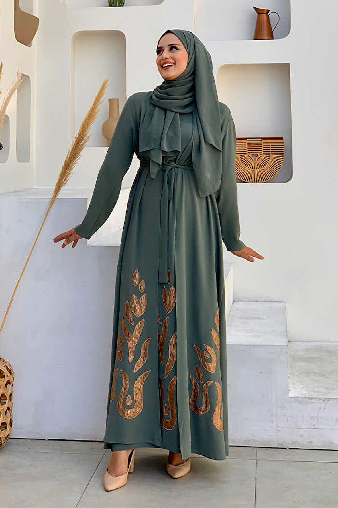 Etek Kısmı Desenli Elbiseli Abaya Takım 8495 Mint