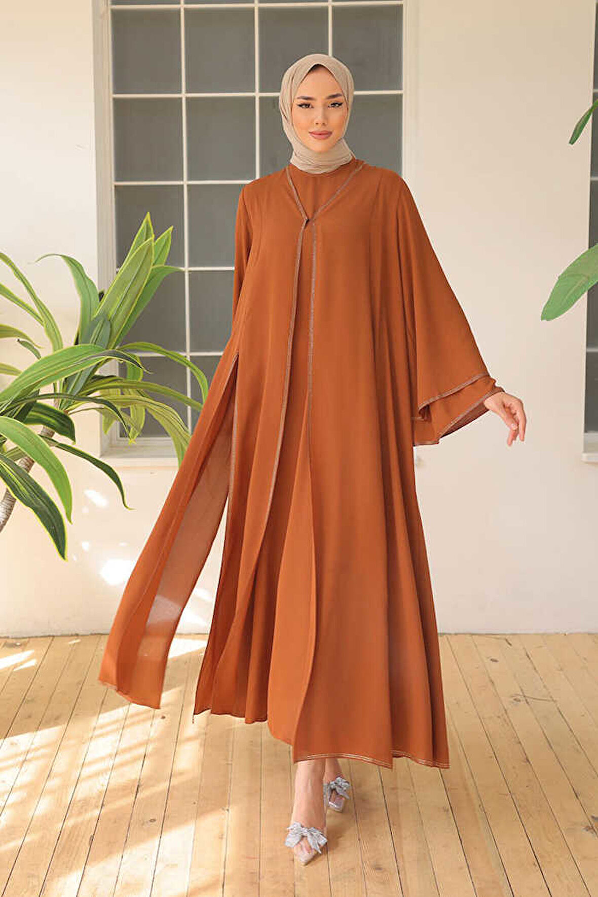 Taş İşleme Detaylı Elbise Abaya Takım 3873 Taba