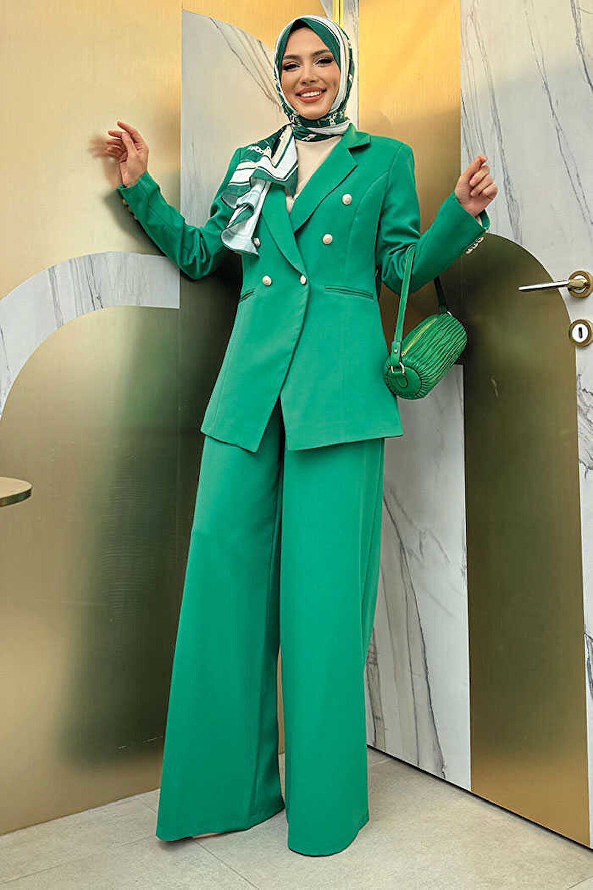 Düğme Detay Blazer Ceket Bol Pantolon Takım 8302 Yeşil