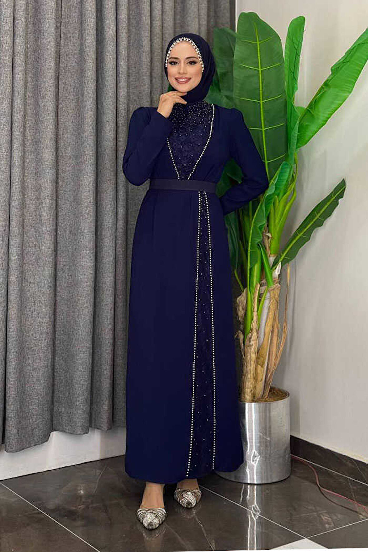 Taşlı Krep Dantel Elbise 3870 Lacivert