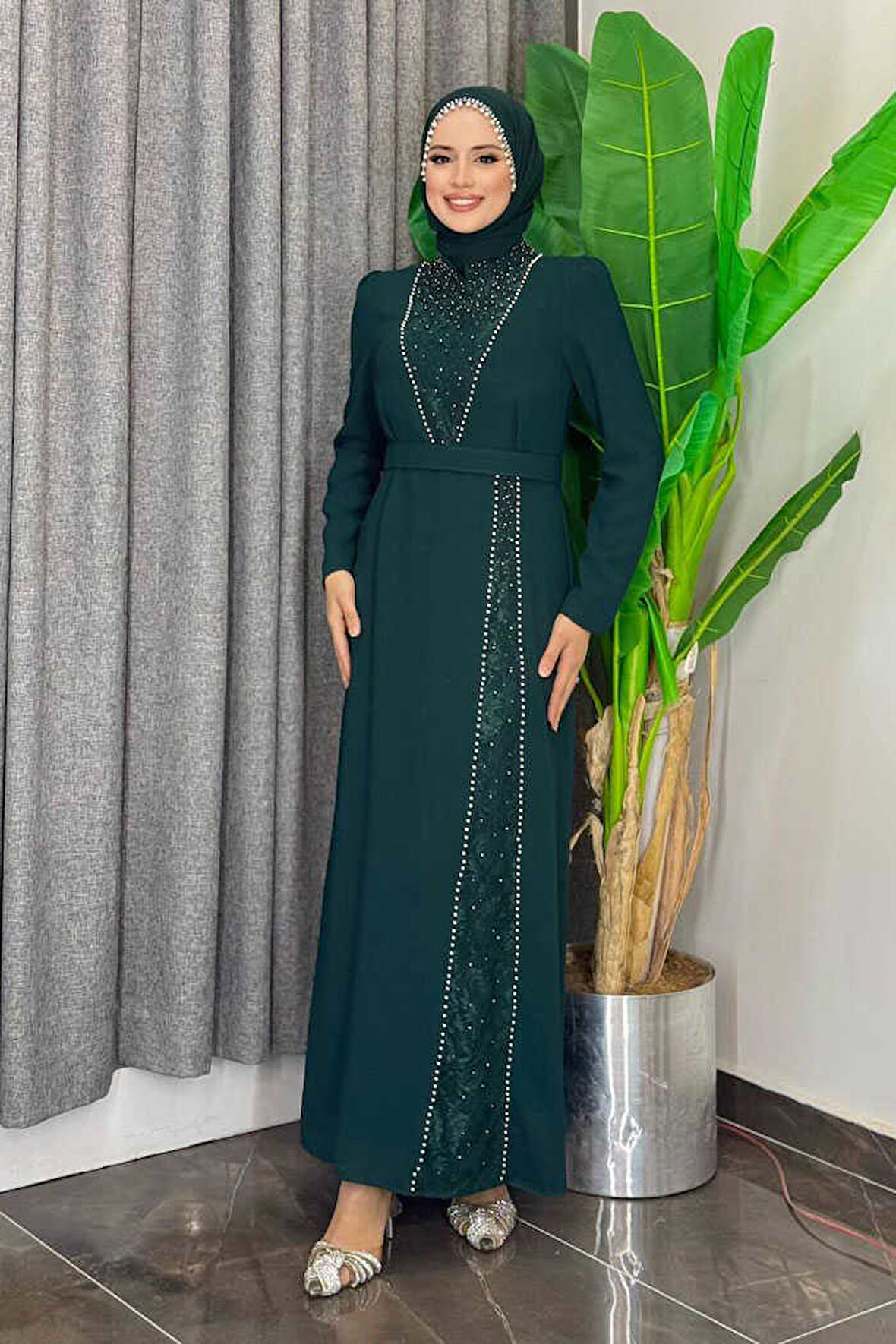 Taşlı Krep Dantel Elbise 3870 Zümrüt
