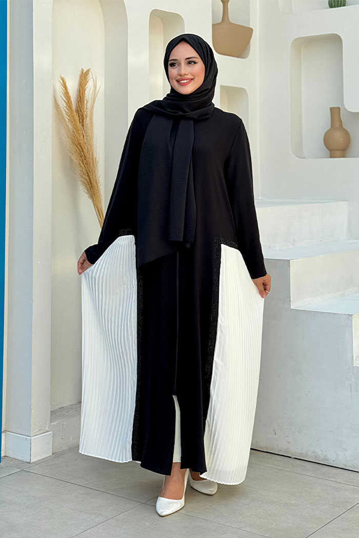 Pilise Taş Detay Fermuarlı Ferace 7892 Ekru