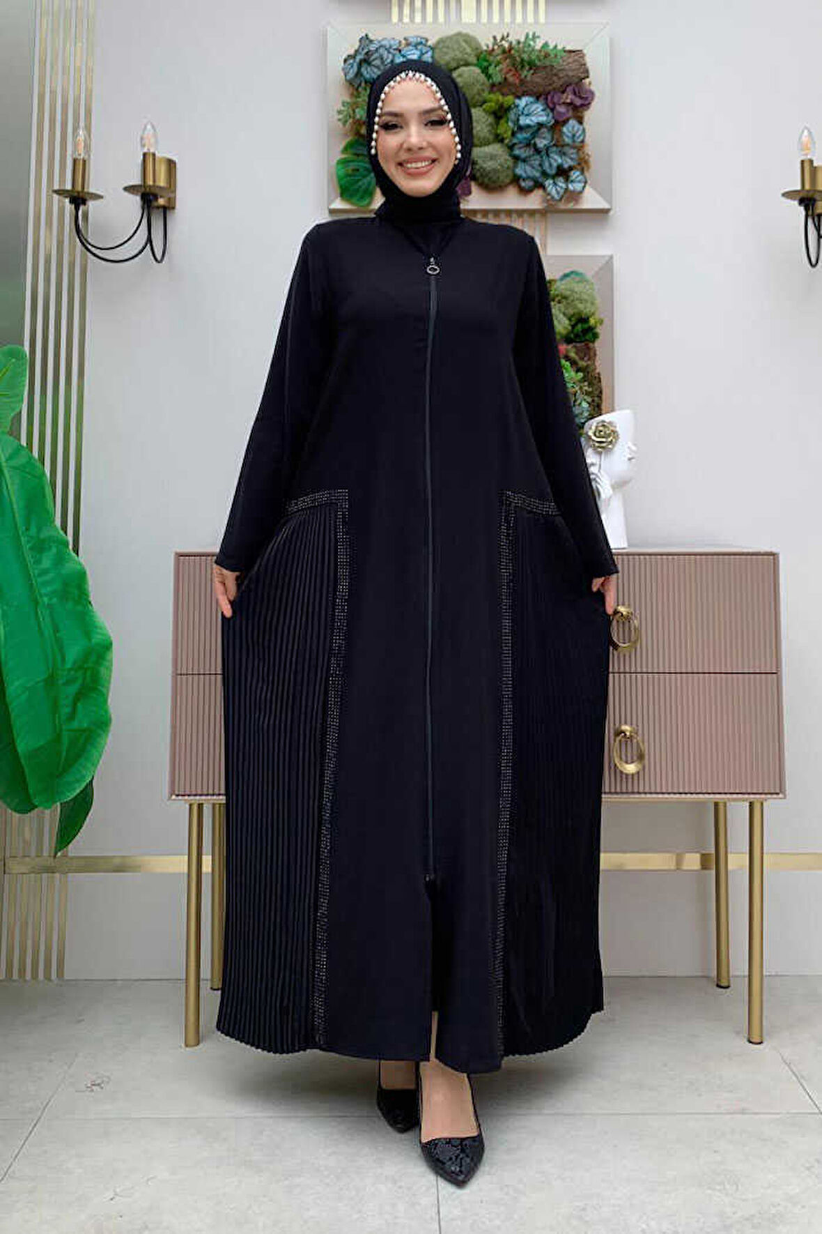 Pilise Taş Detay Fermuarlı Ferace 7892 Siyah