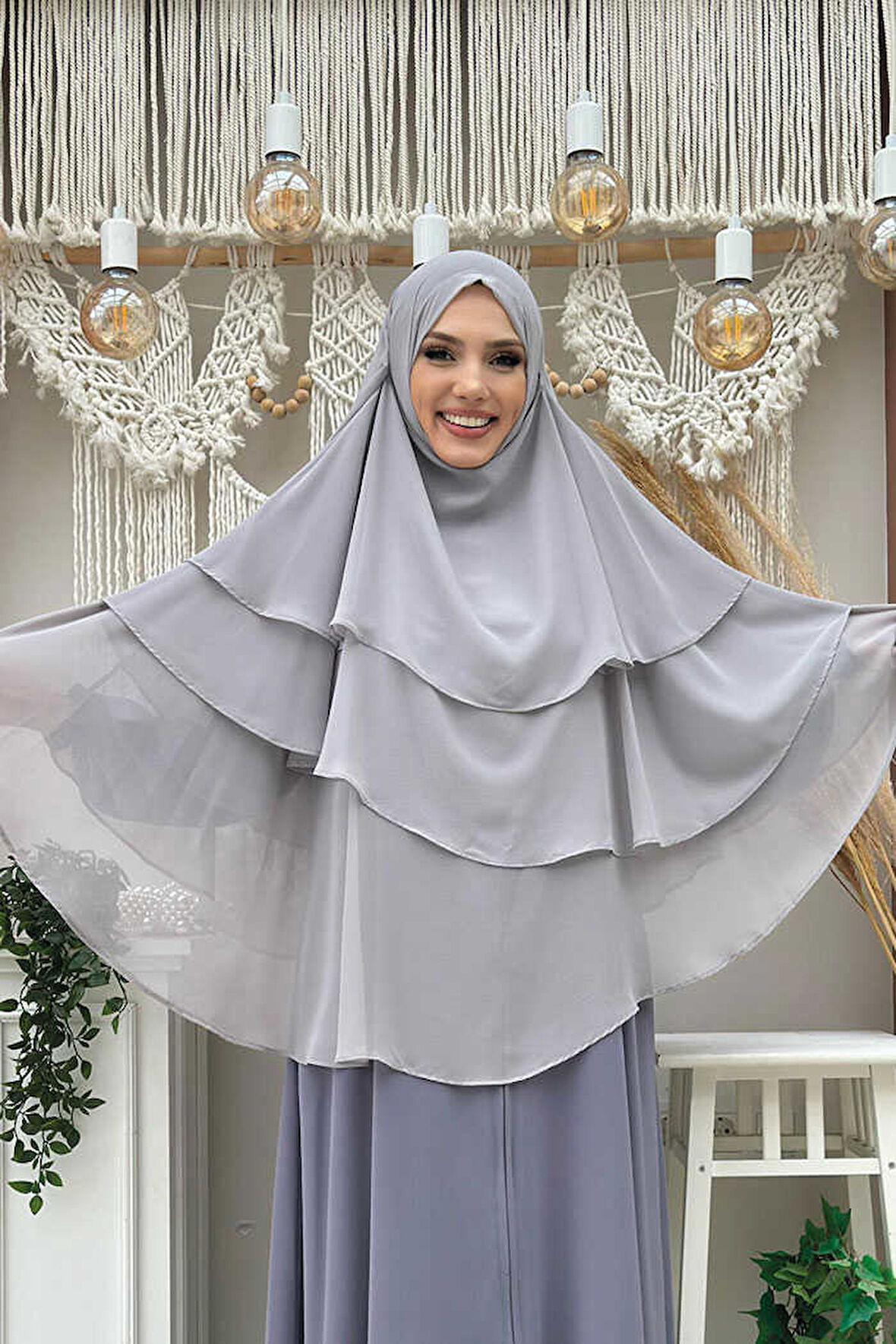 Peçeli 3 Katlı Şifon Sufle Şal 6012 Gri