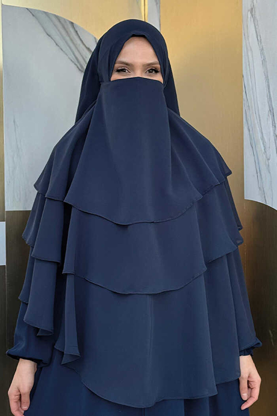 Peçeli 3 Katlı Şifon Sufle Şal 6012 Lacivert