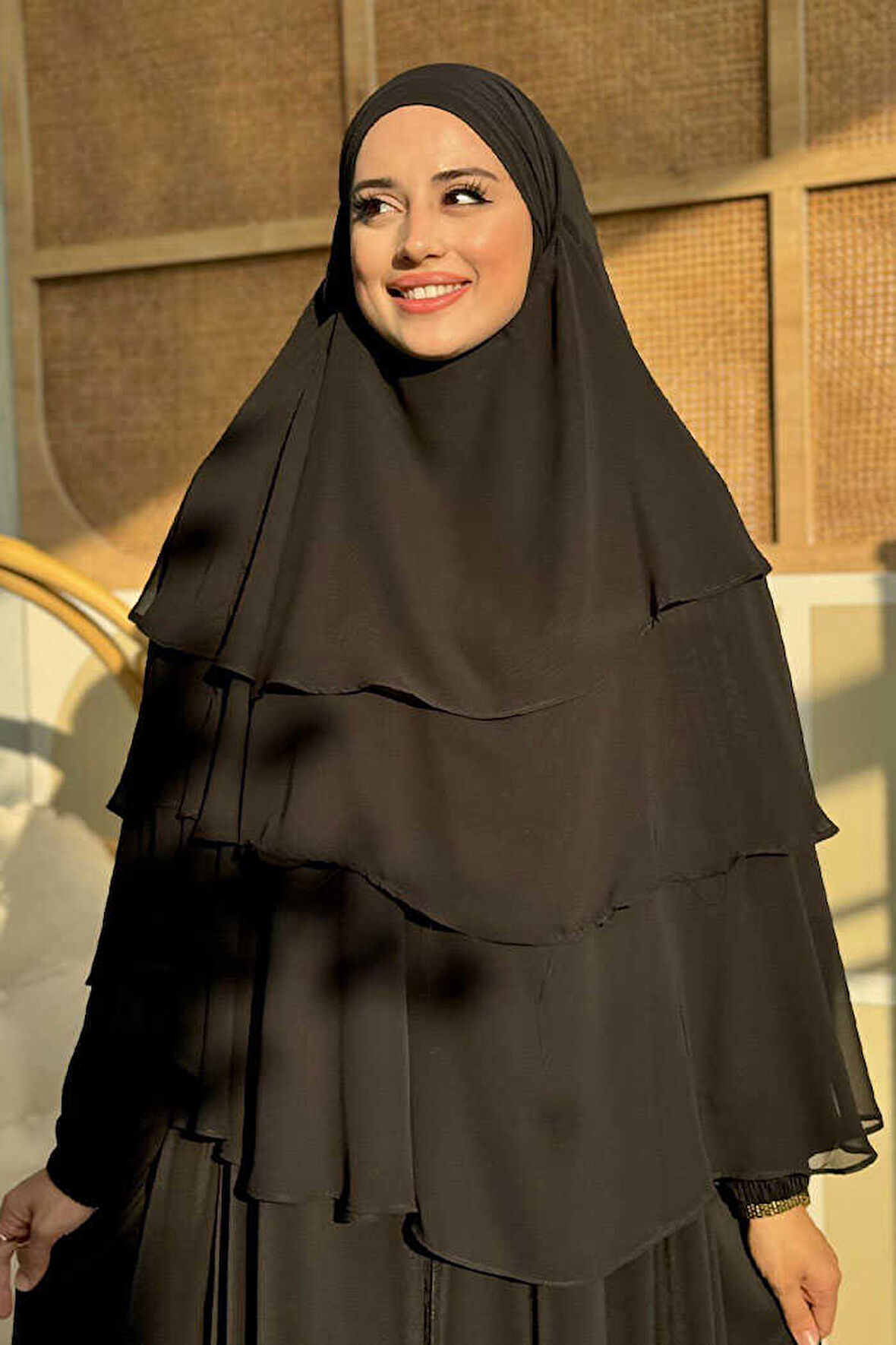 Peçeli 3 Katlı Şifon Sufle Şal 6012 Siyah