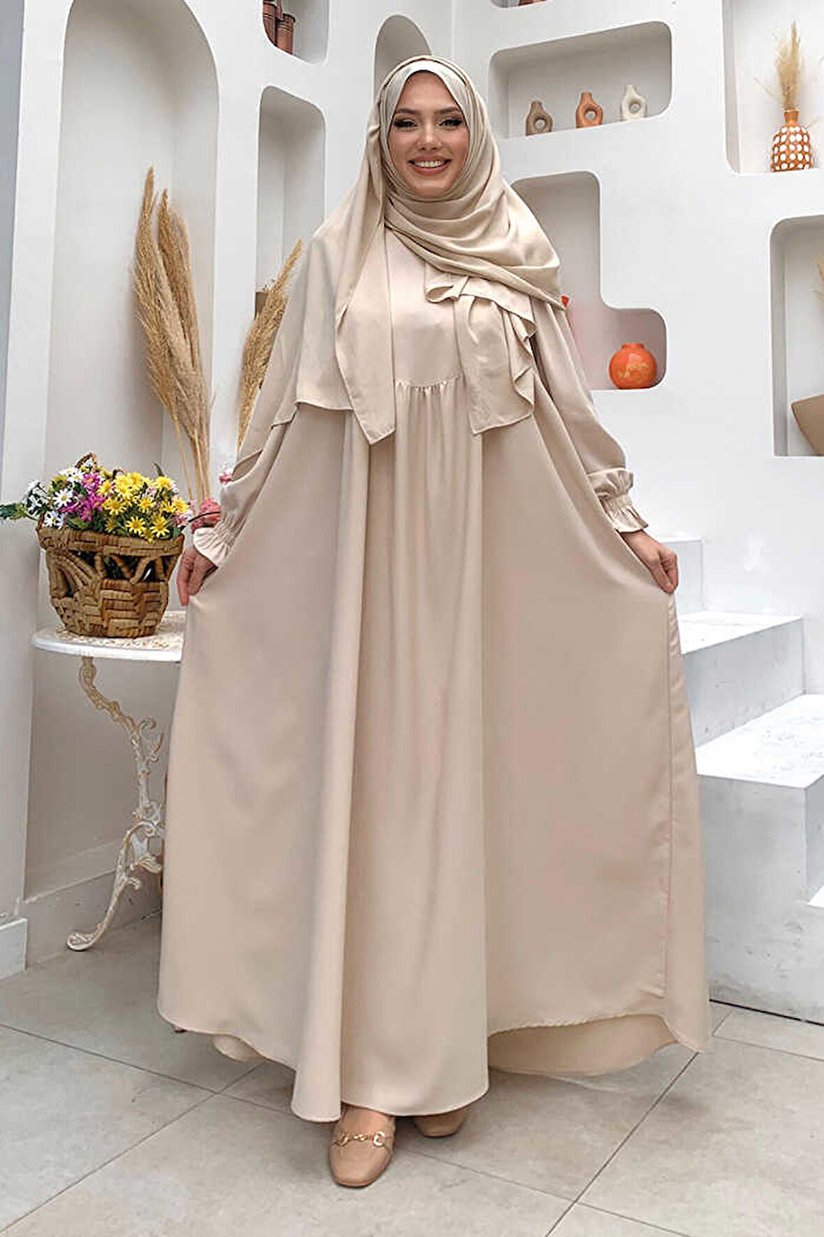 Kol Manşetleri Büzgülü Elbise 6004 Taş