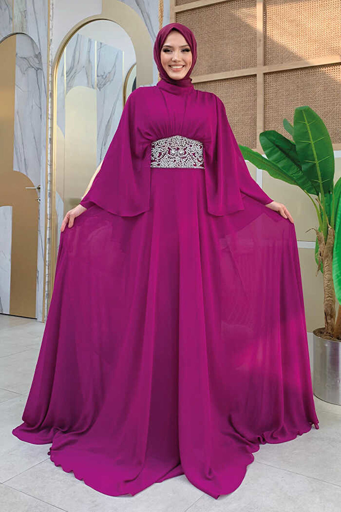 Bym Fashion Pelerinli Bel Taş İşleme Detay Şifon Abiye Elbise 5001 Mürdüm