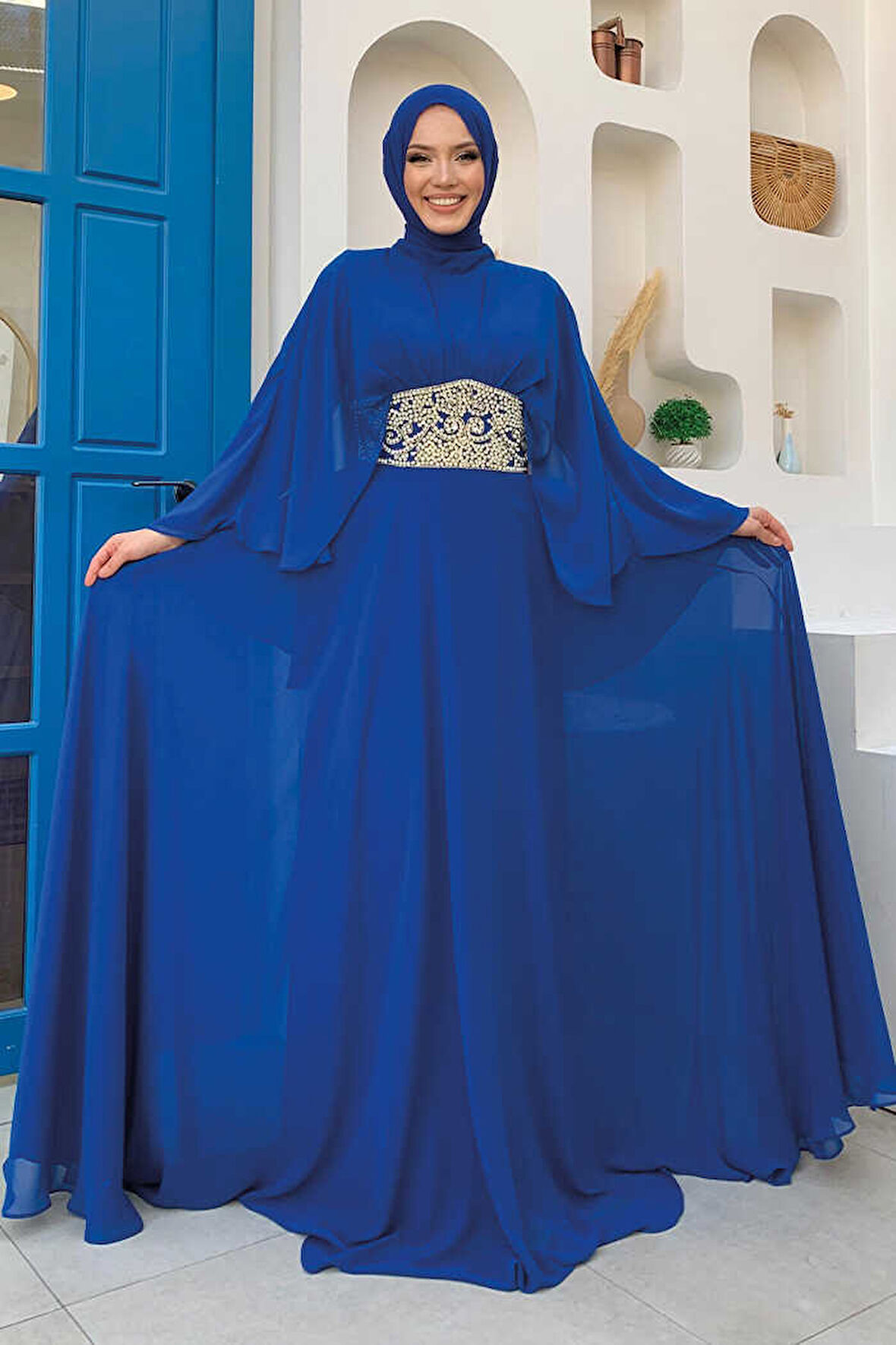 Bym Fashion Pelerinli Bel Taş İşleme Detay Şifon Abiye Elbise 5001 Saks