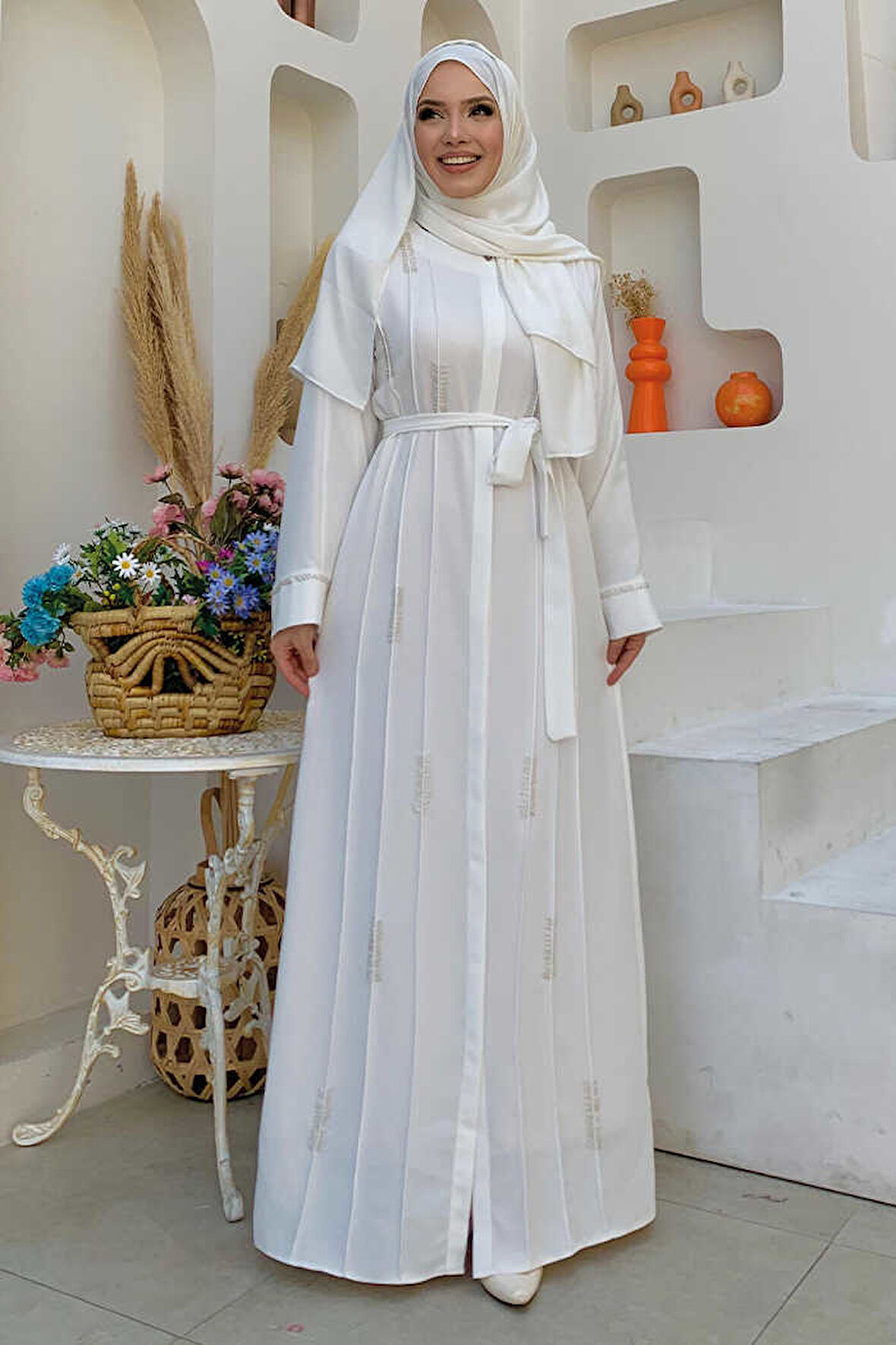 Boncuk İşlemeli Tam Boy Ferace 7894 Ekru