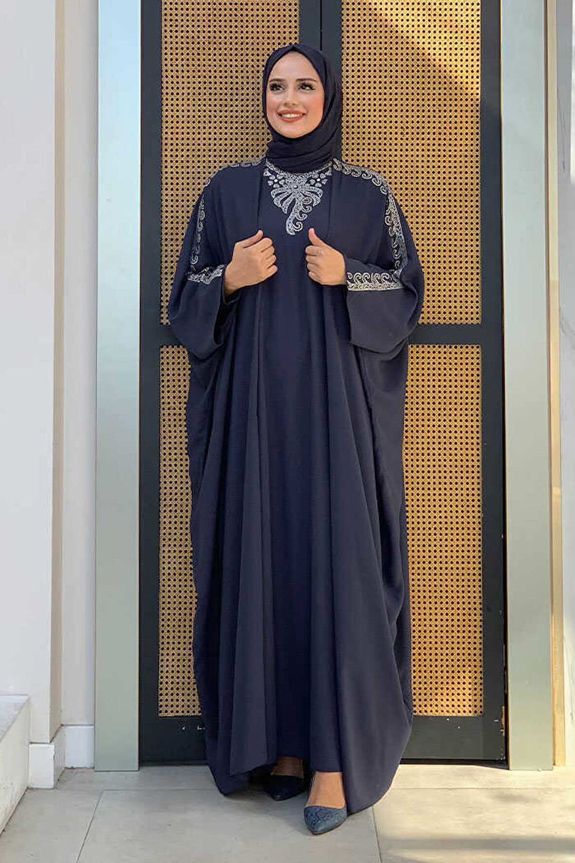 Taş İşlemeli Elbiseli Abaya Takım 8499 Lacivert