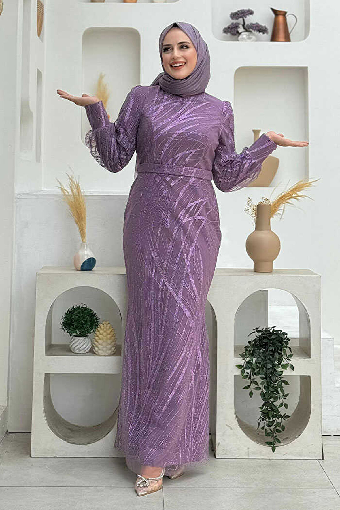 Desenli Bel Kemerli Balık Abiye Elbise 1139 Lila