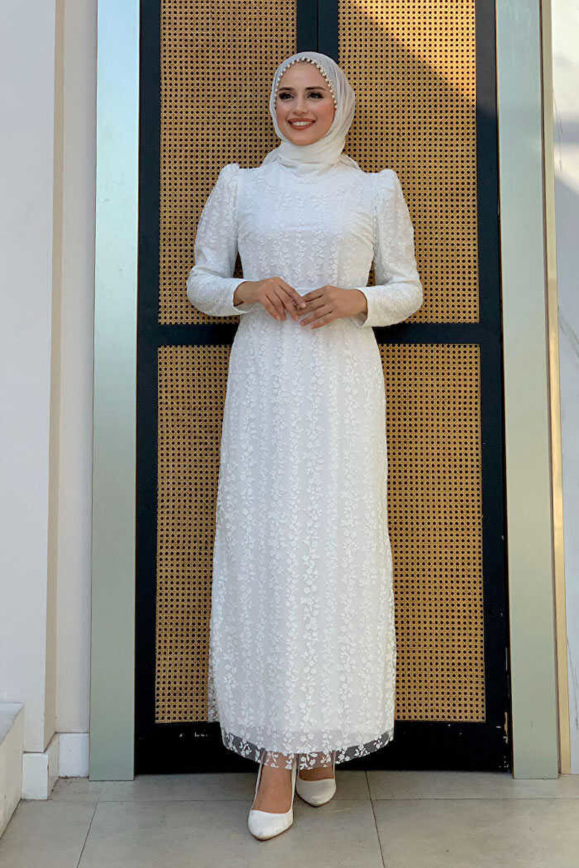 Bym Fashion Çiçek Desenli Simli Tül Abiye Elbise 1108 Ekru