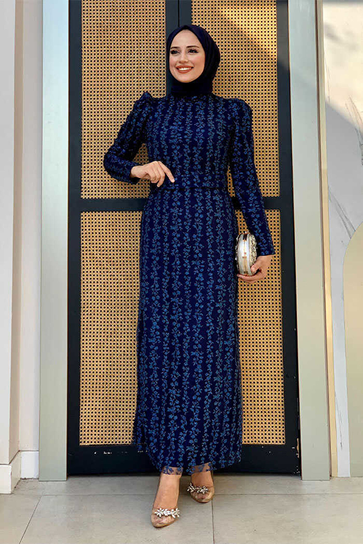 Bym Fashion Çiçek Desenli Simli Tül Abiye Elbise 1108 Lacivert