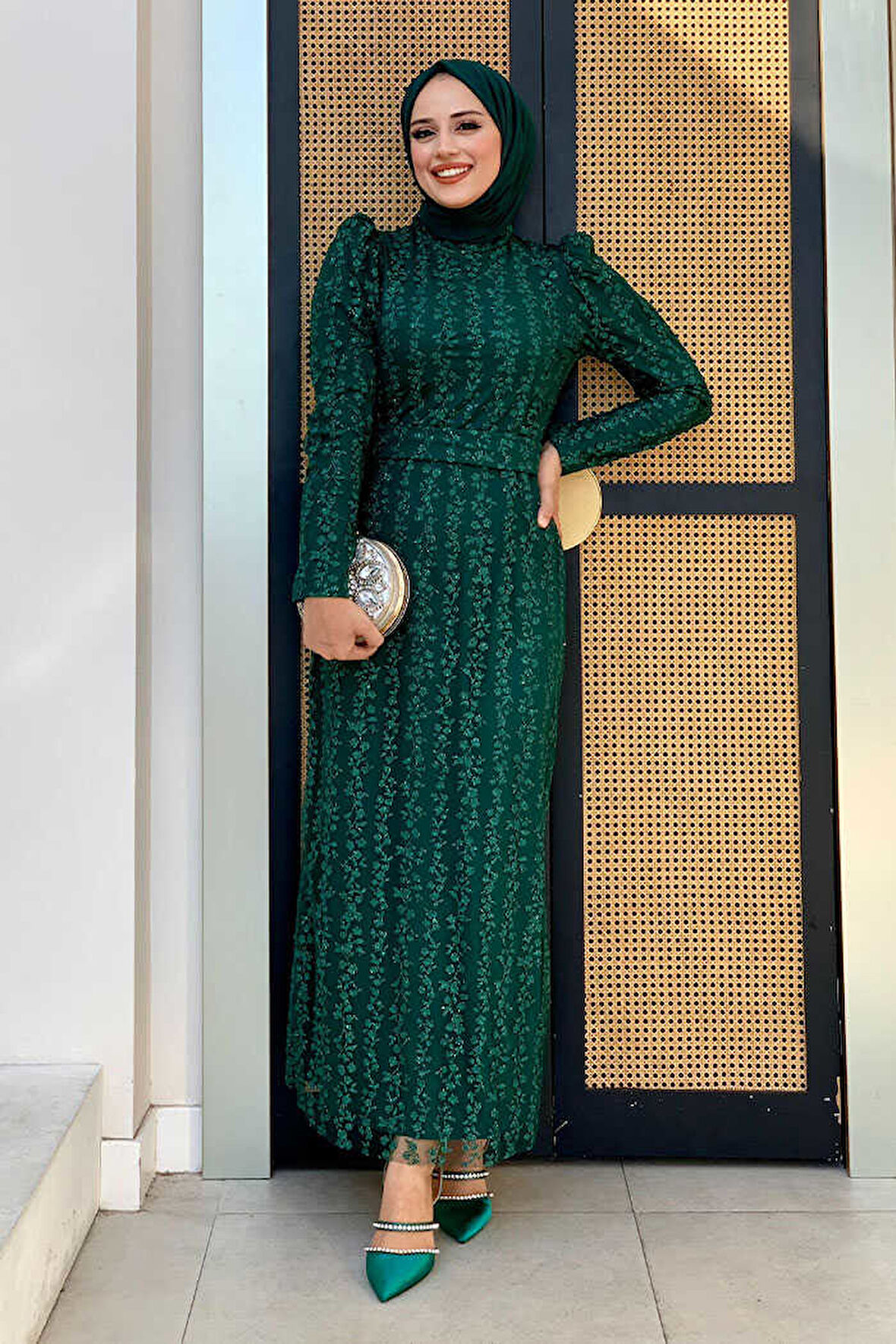 Bym Fashion Çiçek Desenli Simli Tül Abiye Elbise 1108 Zümrüt