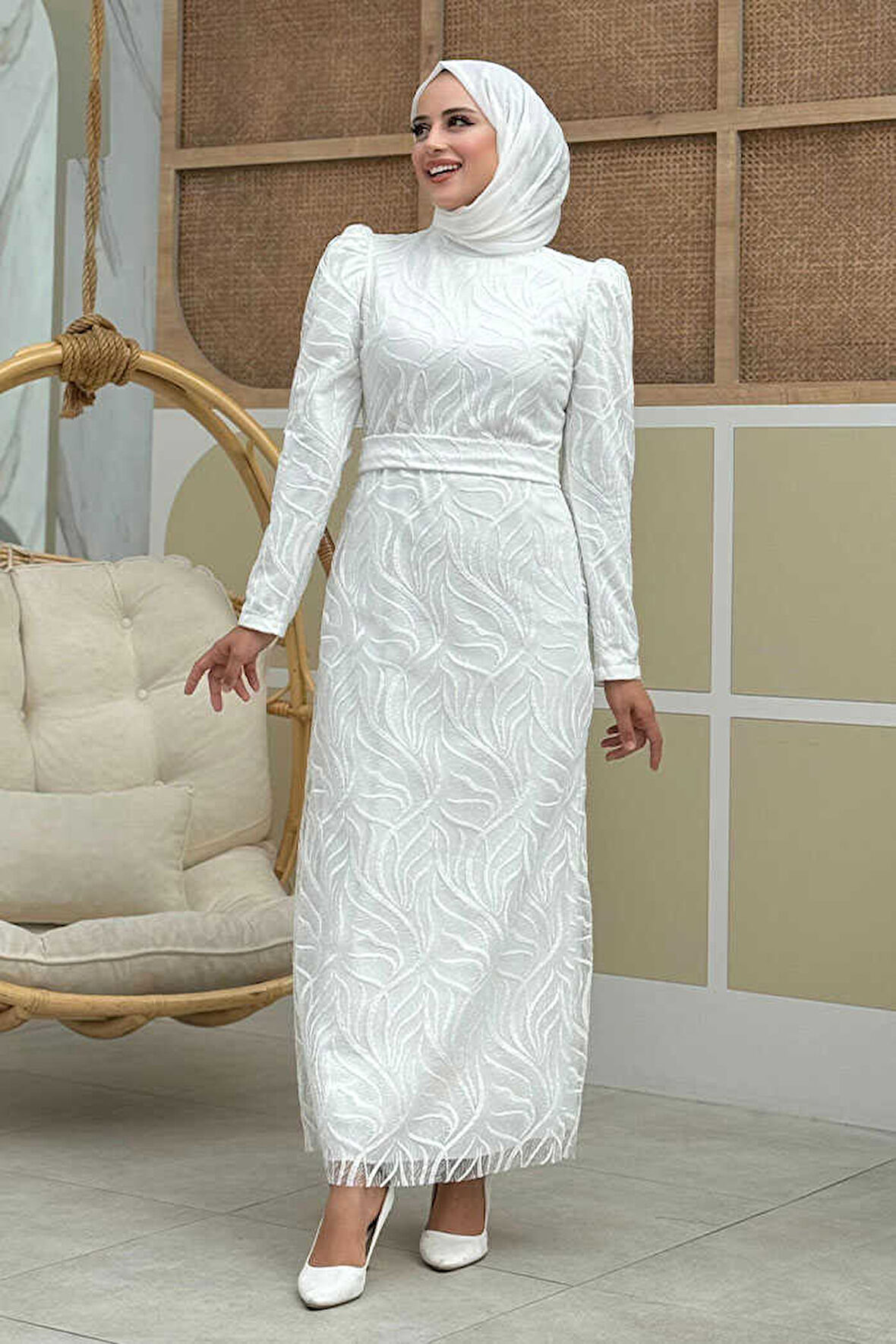 Bym Fashion Dal Desenli Simli Tül Abiye Elbise 1140 Ekru