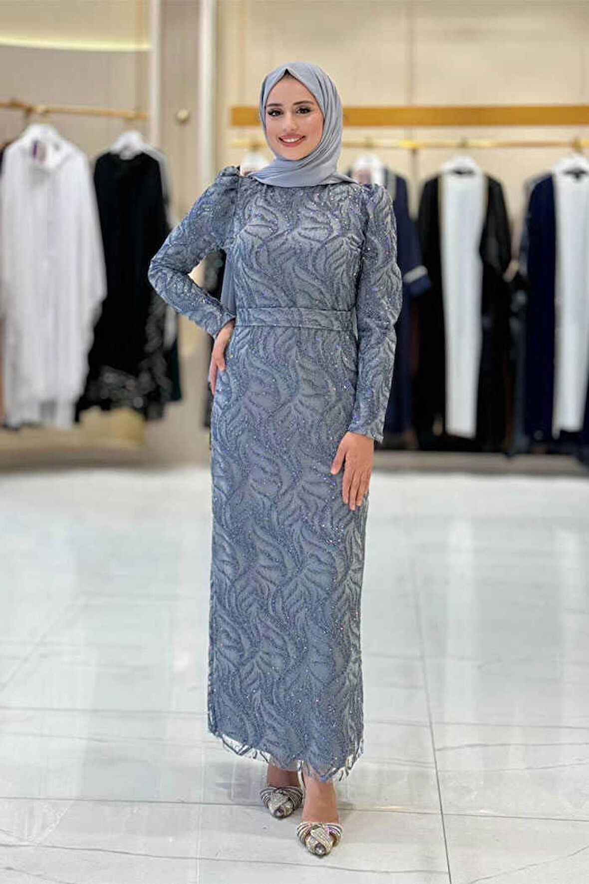 Bym Fashion Dal Desenli Simli Tül Abiye Elbise 1140 Gri