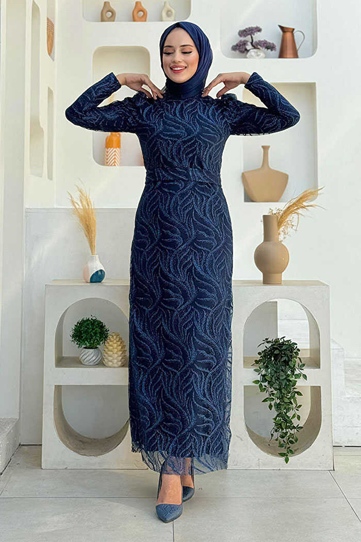 Bym Fashion Dal Desenli Simli Tül Abiye Elbise 1140 Lacivert