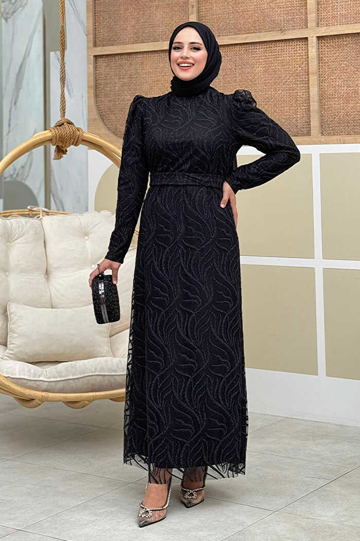 Bym Fashion Dal Desenli Simli Tül Abiye Elbise 1140 Siyah