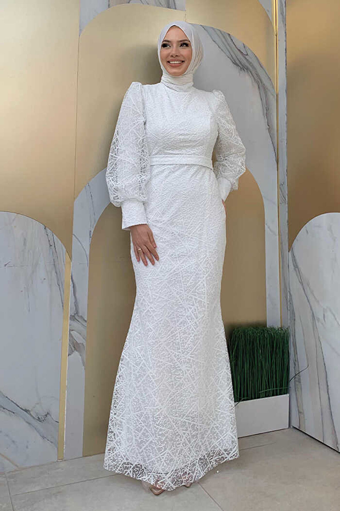 Desenli Balonkol Görünümlü Simli Abiye Elbise 1144 Ekru