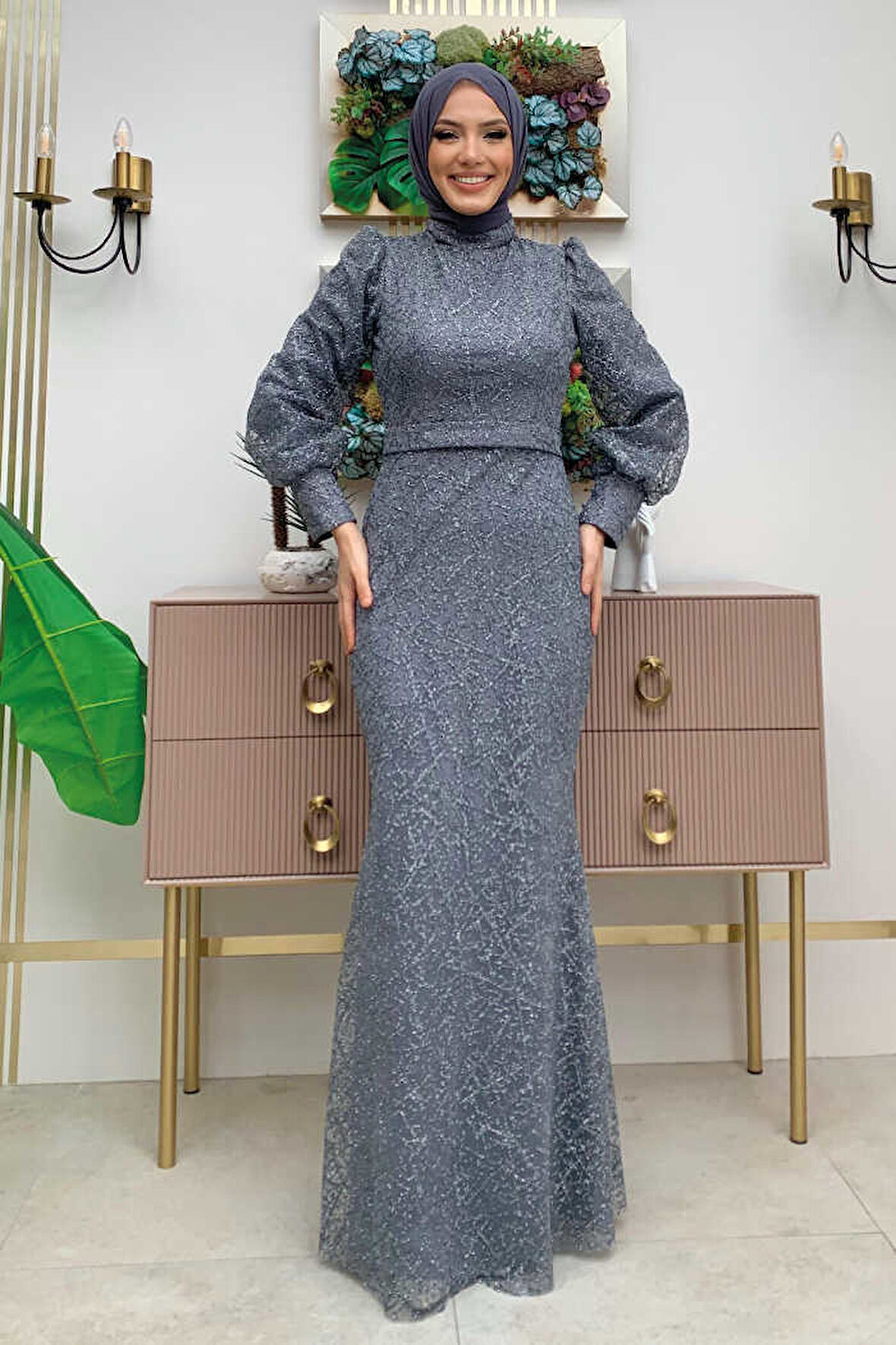 Desenli Balonkol Görünümlü Simli Abiye Elbise 1144 Gri