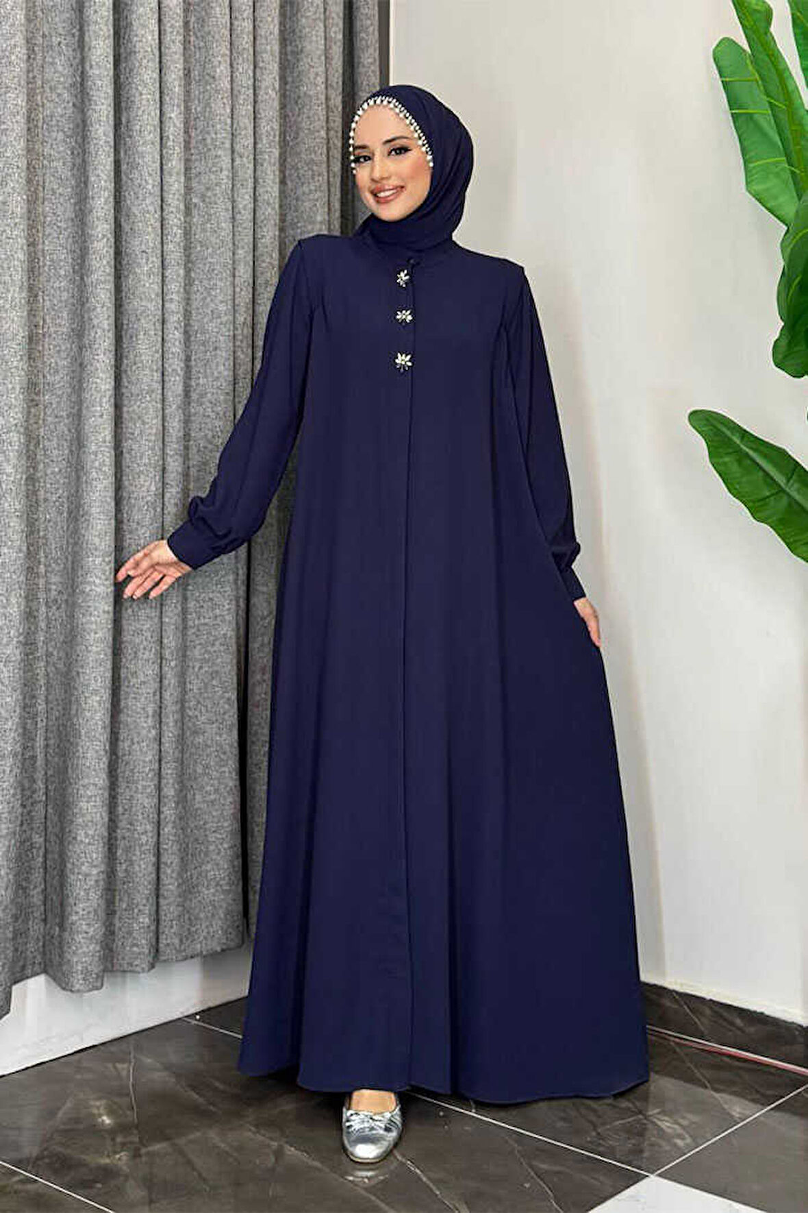 Boydan Düğmeli Taş İşleme Detaylı Ferace 7903 Lacivert