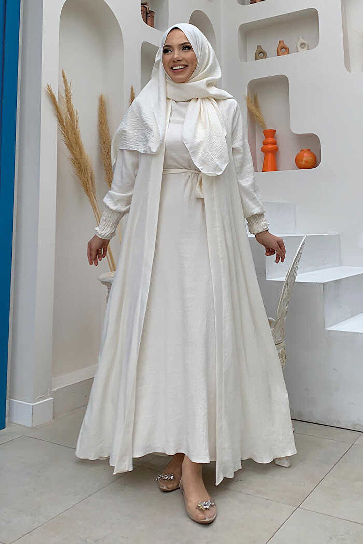 Şallı Elbiseli Abaya Takım 3883 Ekru