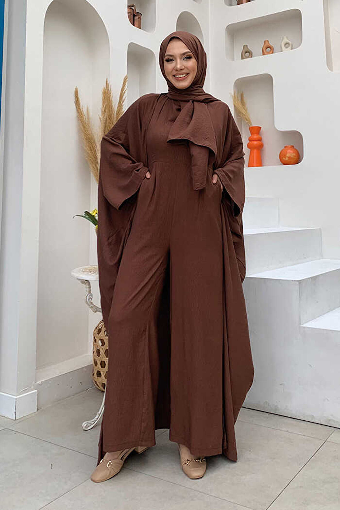 Şalıyla Birlikte Tulum ve Abaya İkili Takım 8519 Kahverengi