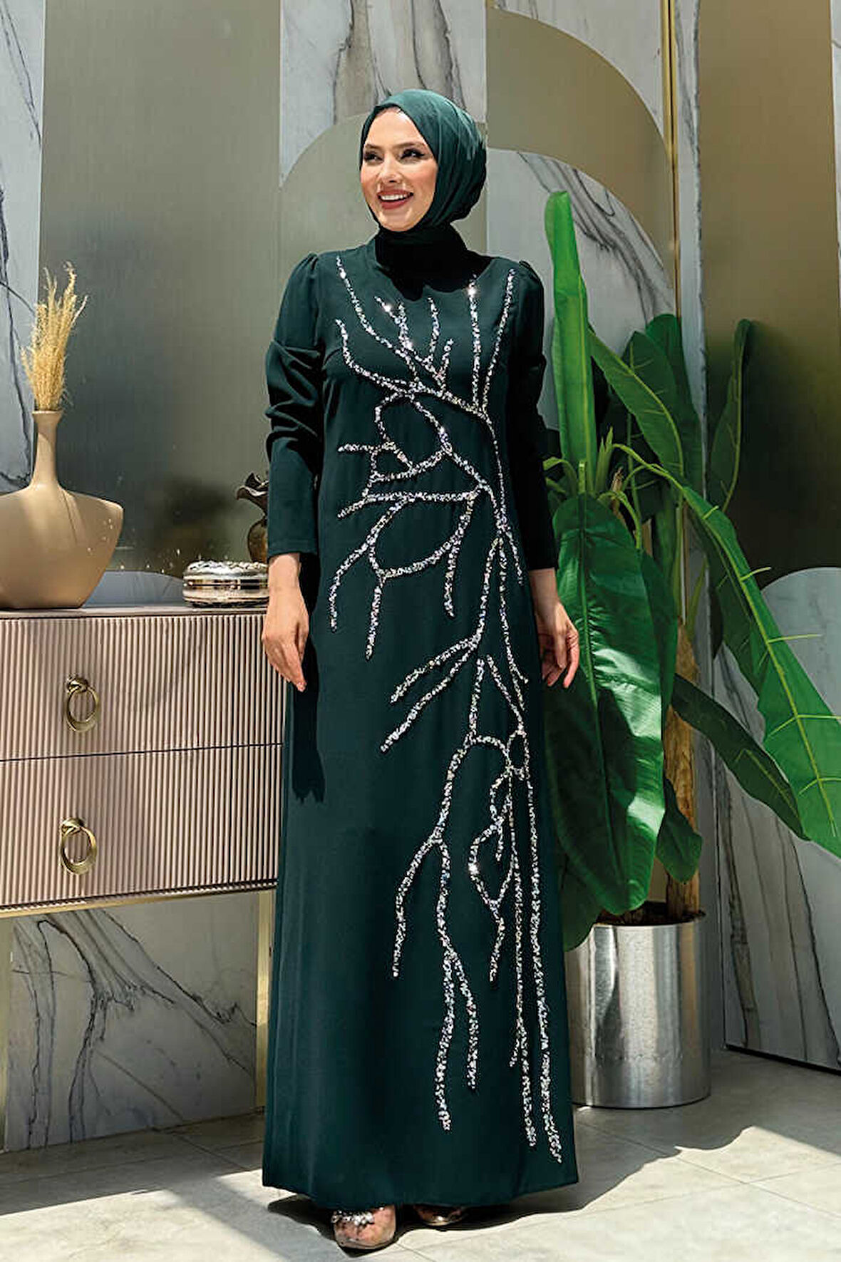 Taş İşleme Desenli Elbise 3889 Zümrüt