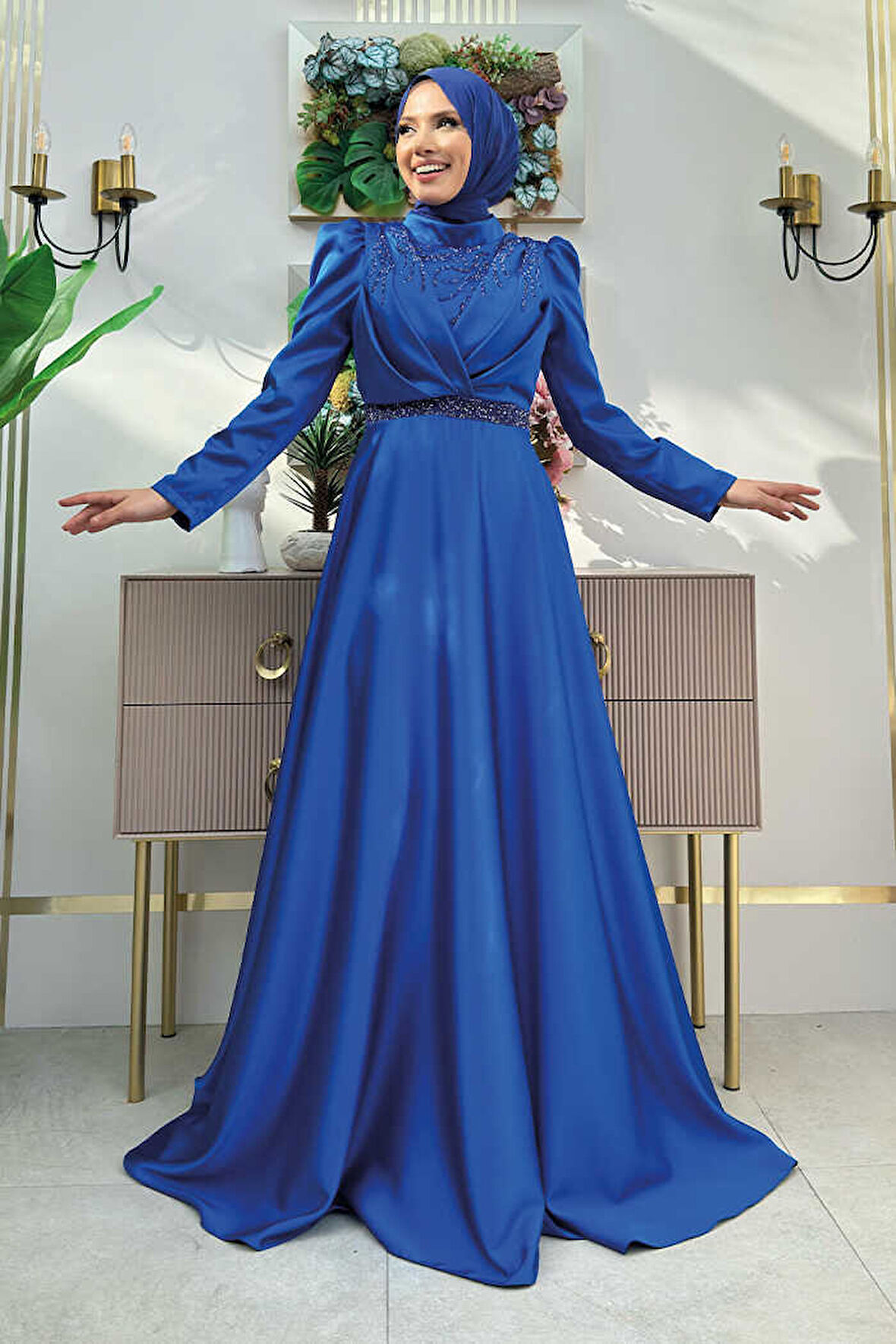 Taş Detaylı Saten Abiye Elbise 1158 Saks