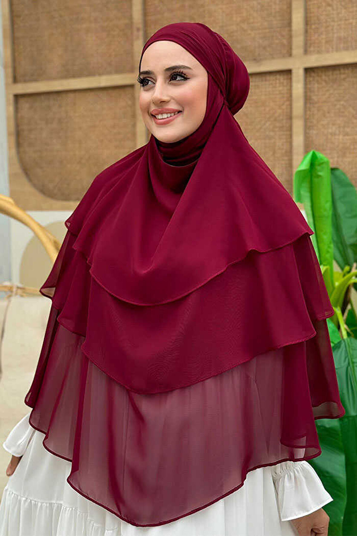 Peçeli 3 Katlı Şifon Sufle Şal 6012 Bordo