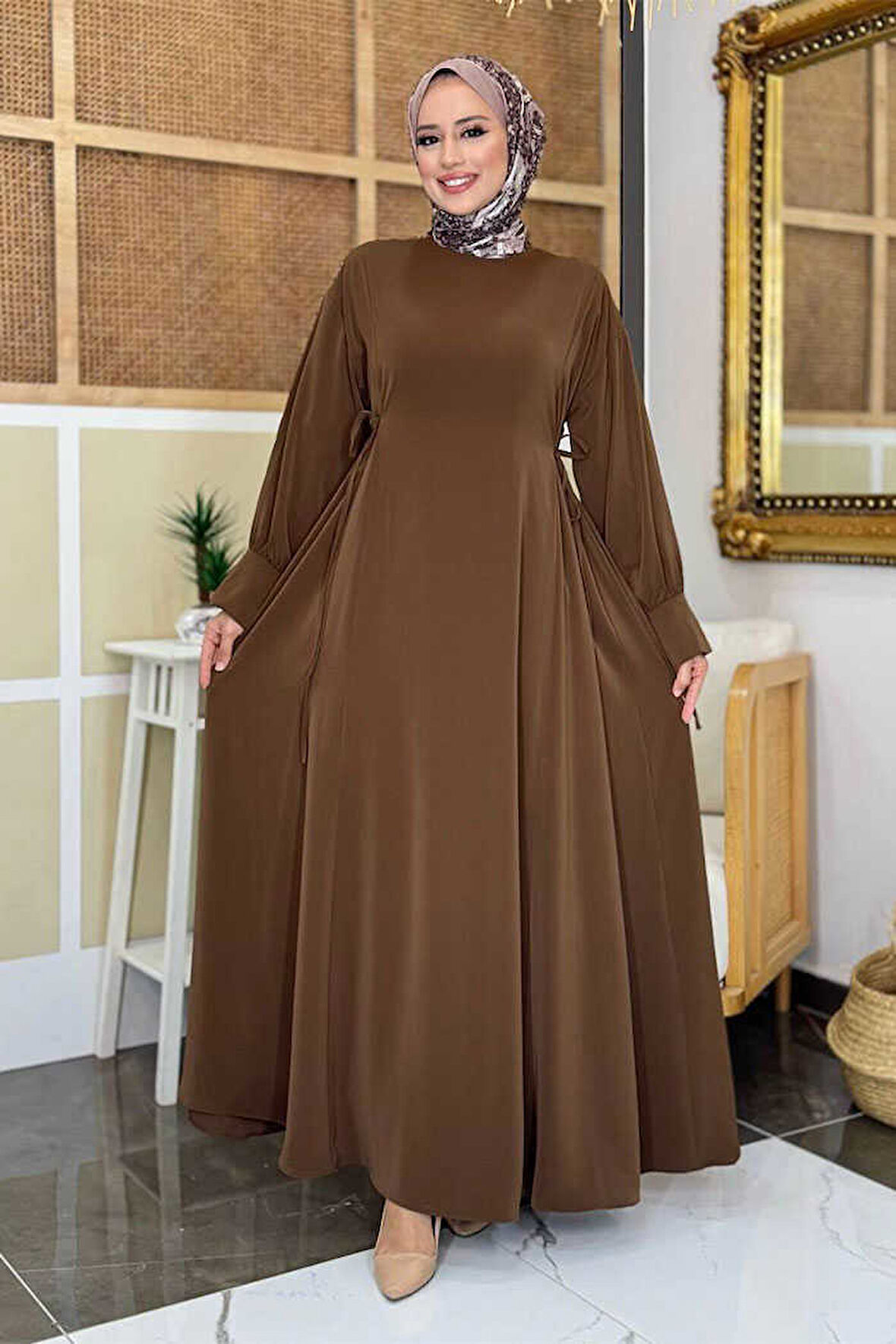 Bağlama Detaylı Elbise 6015 Kahverengi