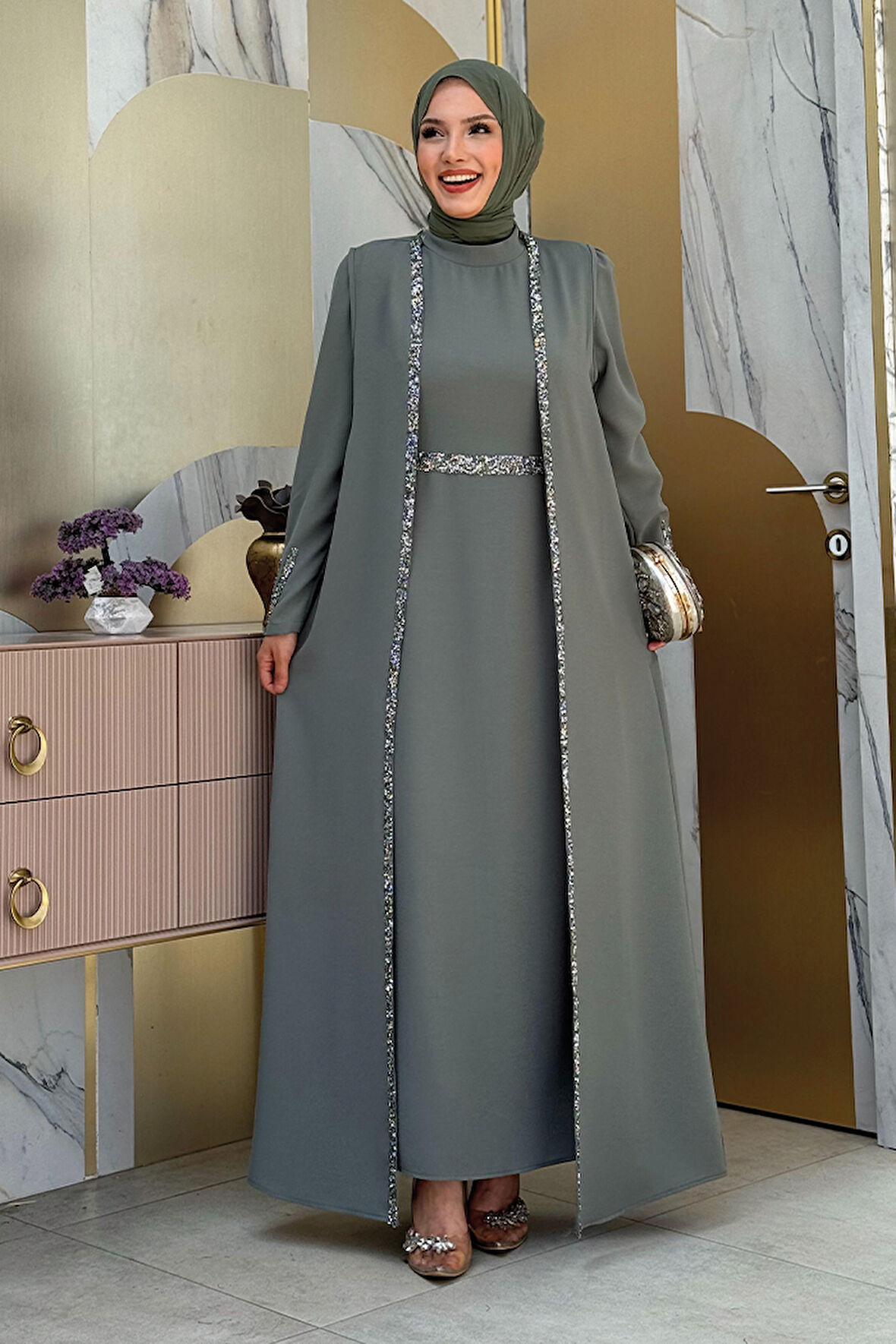 Büyük Beden Taş İşleme Detaylı Yelekli Elbise Takım 3838-1 Mint