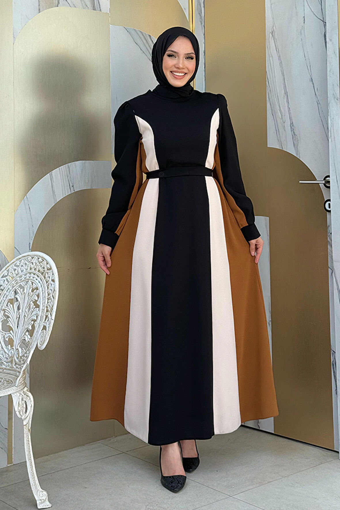 Bel Kuşaklı Üç Renk Elbise 3901 Siyah