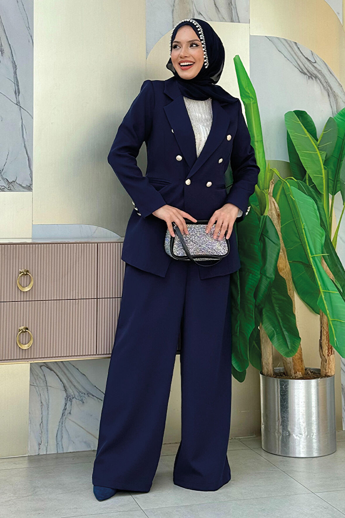 Düğme Detay Blazer Ceket Bol Pantolon Takım 8302 Lacivert