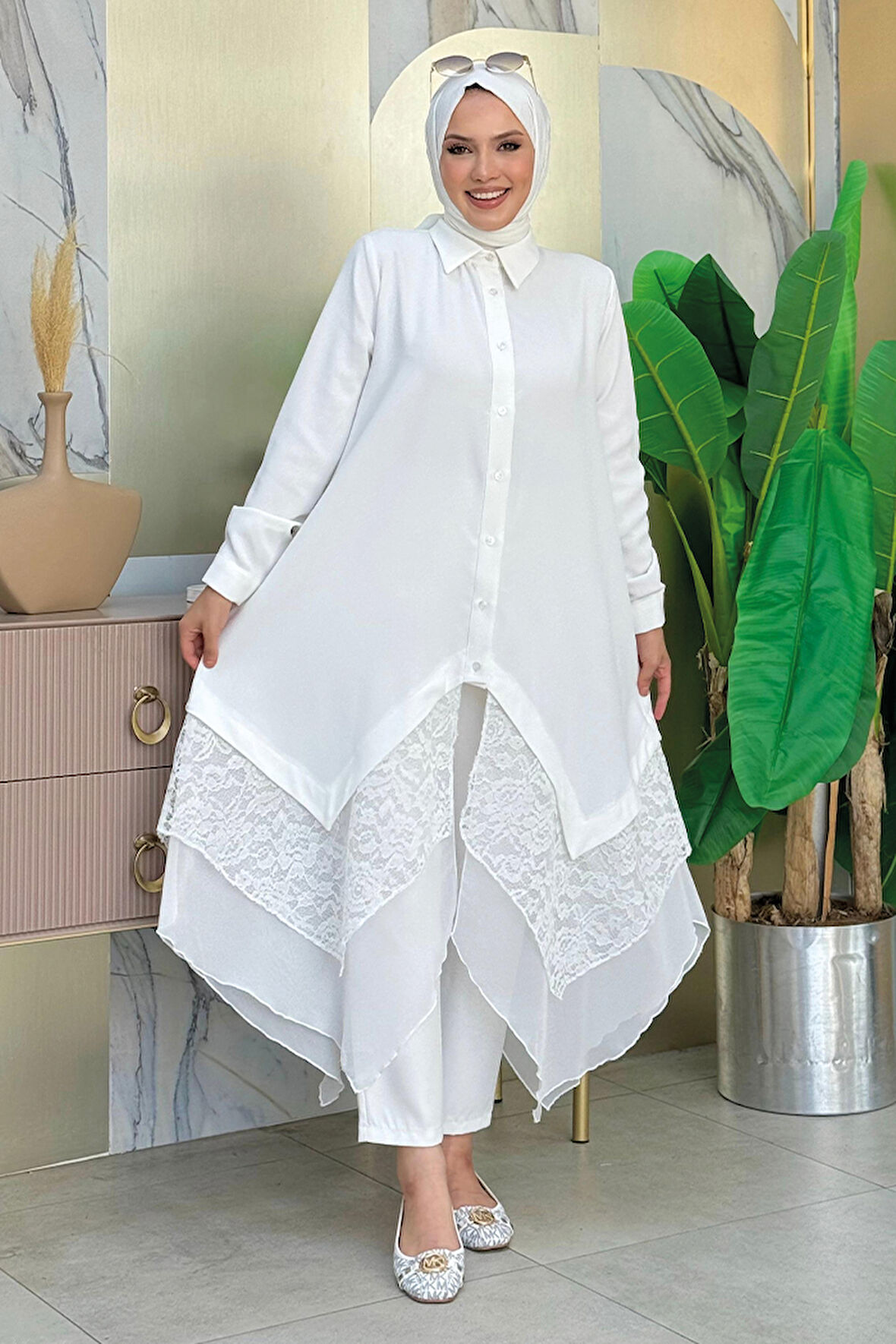 Dantel Ve Şifon Detaylı Asimetrik Kesim Tunik 2758 Ekru