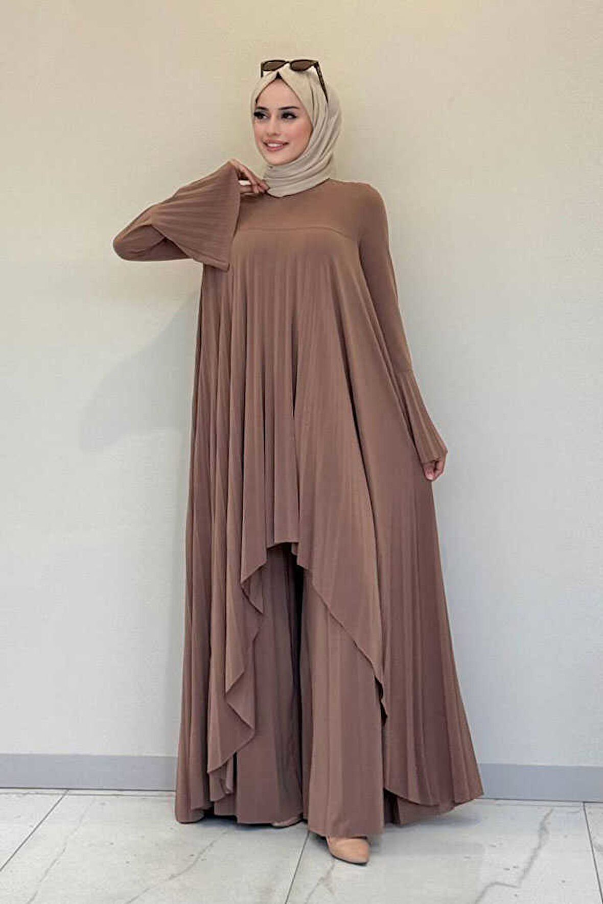 Pilise Detaylı Uzun Tunik ve Pantolon İkili Takım 8575 Taba