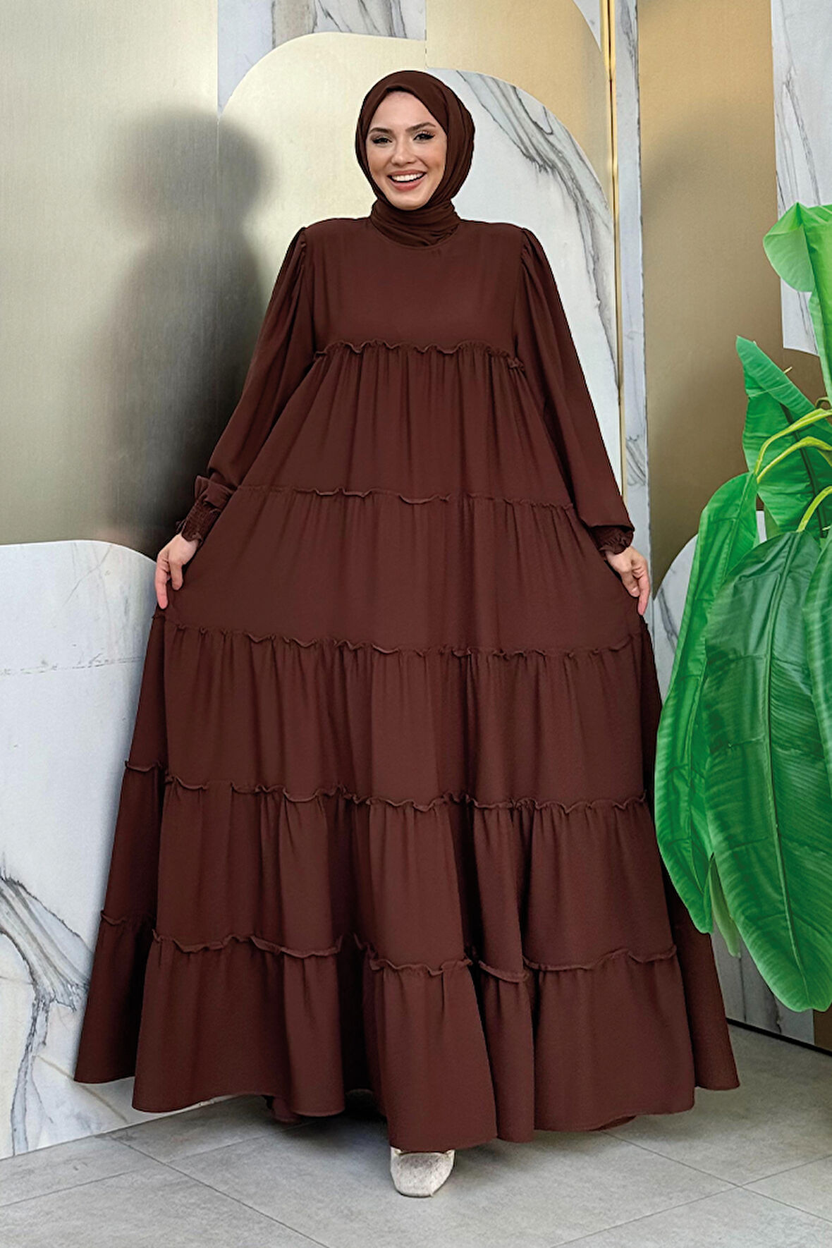 Katlı Salaş Elbise 6023 Kahverengi