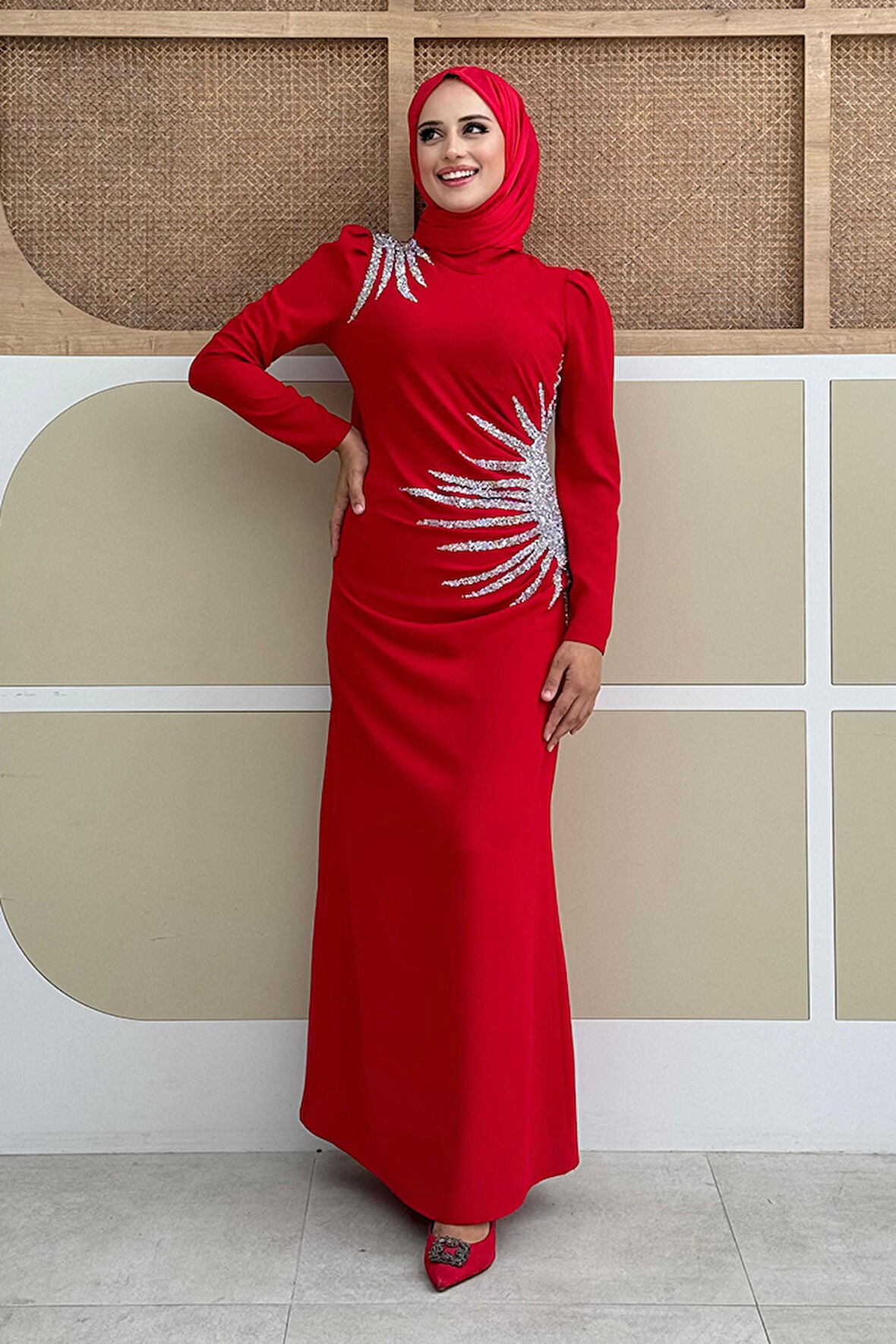 Omuz ve Bel Kısmı Taş Detaylı Abiye Elbise 3909 Kırmızı