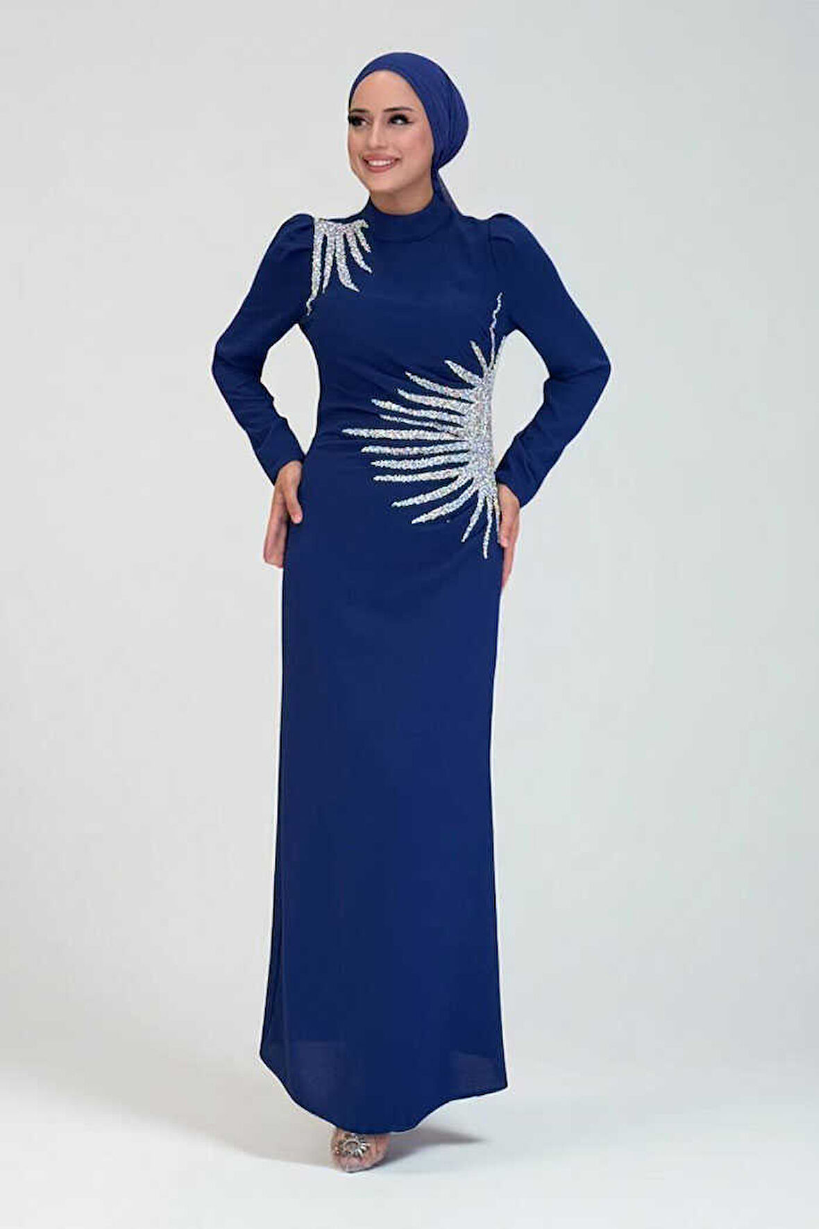 Omuz ve Bel Kısmı Taş Detaylı Abiye Elbise 3909 Lacivert