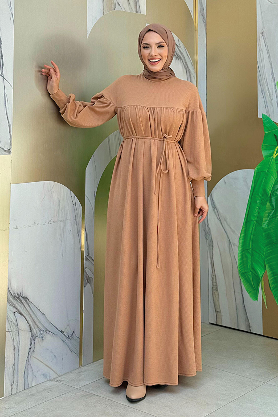 Roba Büzgülü Örme Elbise 6019 Taba