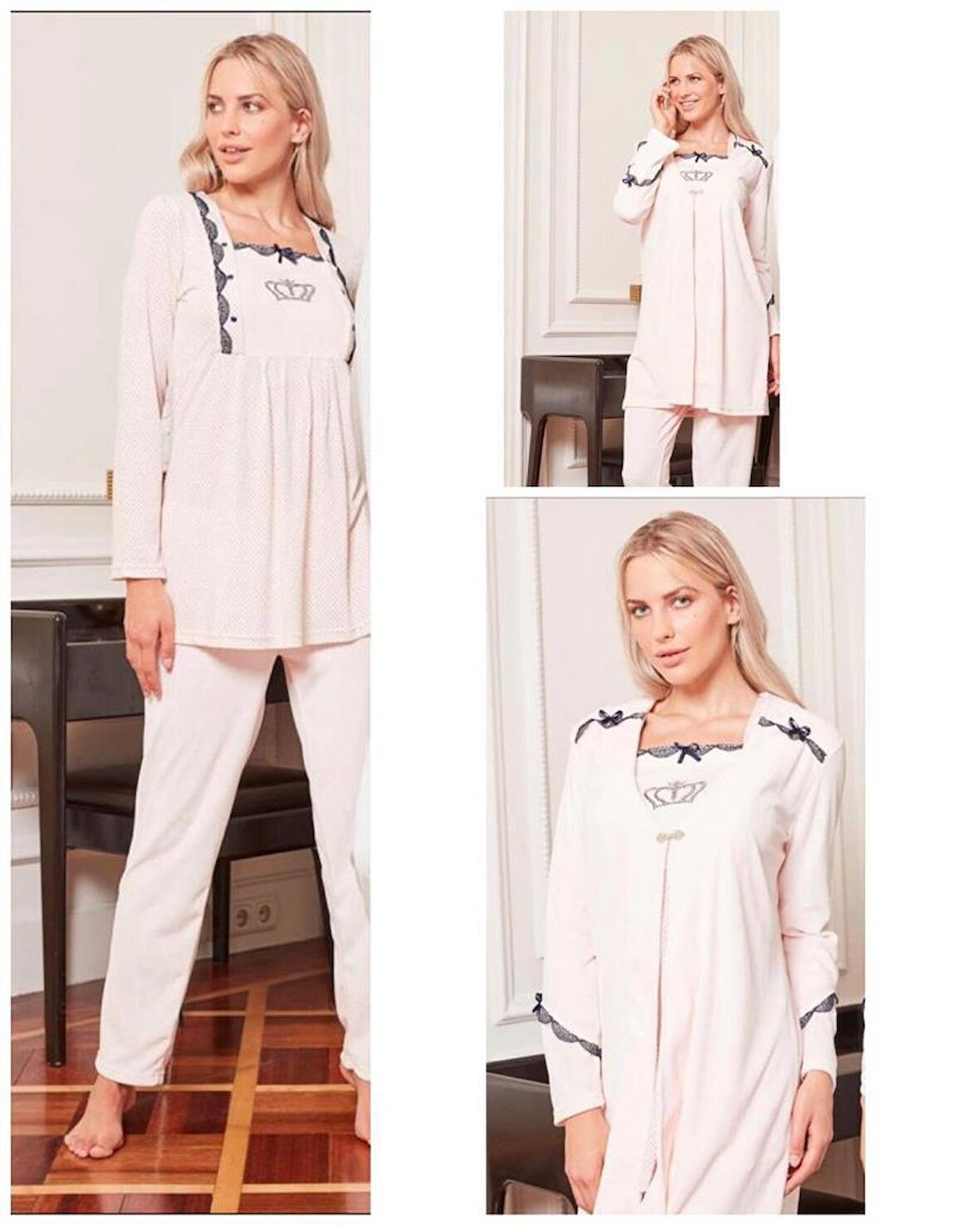 BONE CLUB 4806 SOMON  KADİFE 3LÜ HAMİLE LOHUSA PİJAMA SABAHLIK