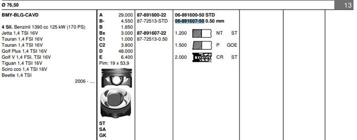 Vag Motor Segmanı Takım (1 Pistonluk) / (77,00mm 0,50) Golf V / VI / Plus Alhamra Beetle (touran 1,4tsi - Goetze 68916075g