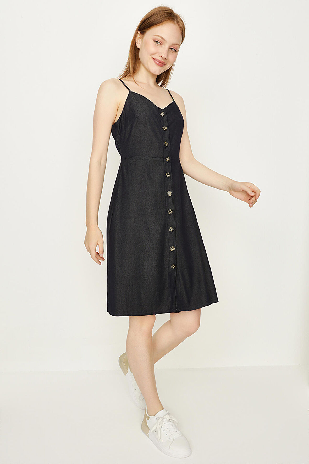 Kadın Askılı Düğmeli Mini Denim Elbise