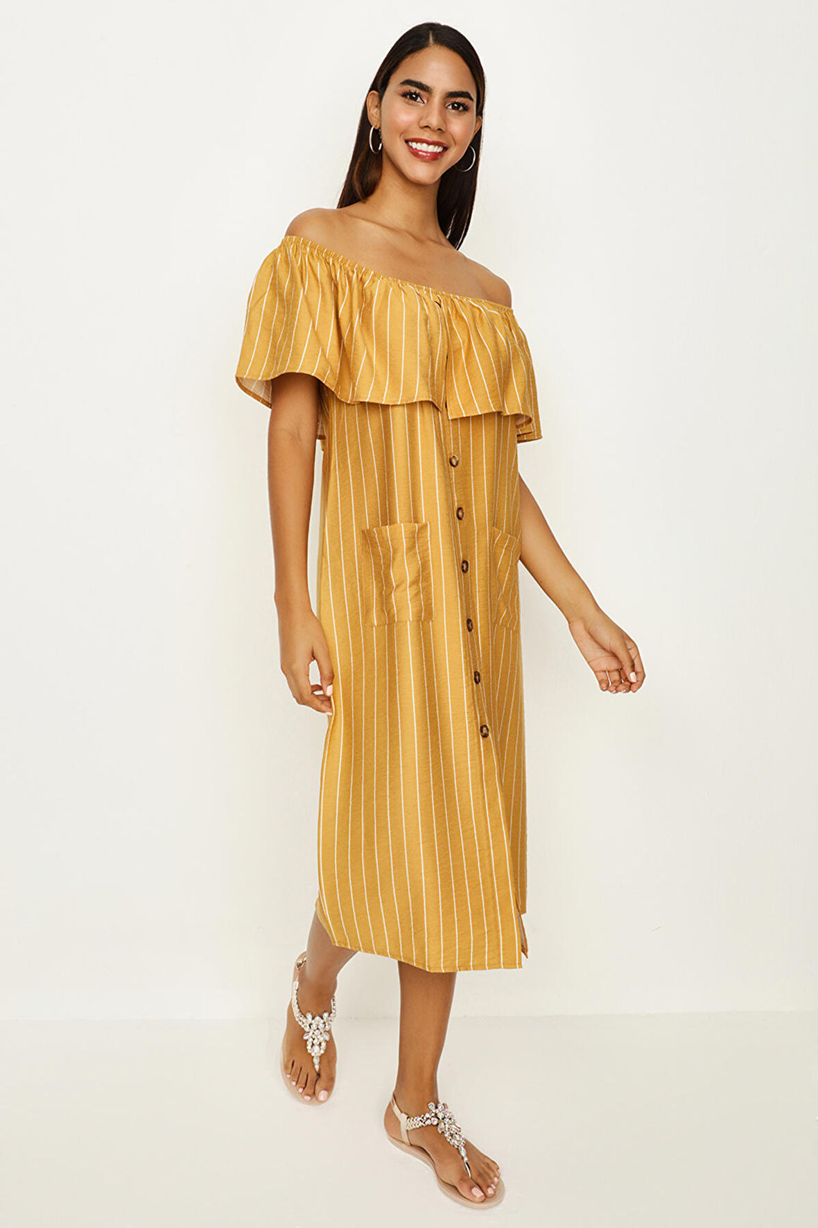 Kadın Carmen Yaka Düğme Detaylı Elbise