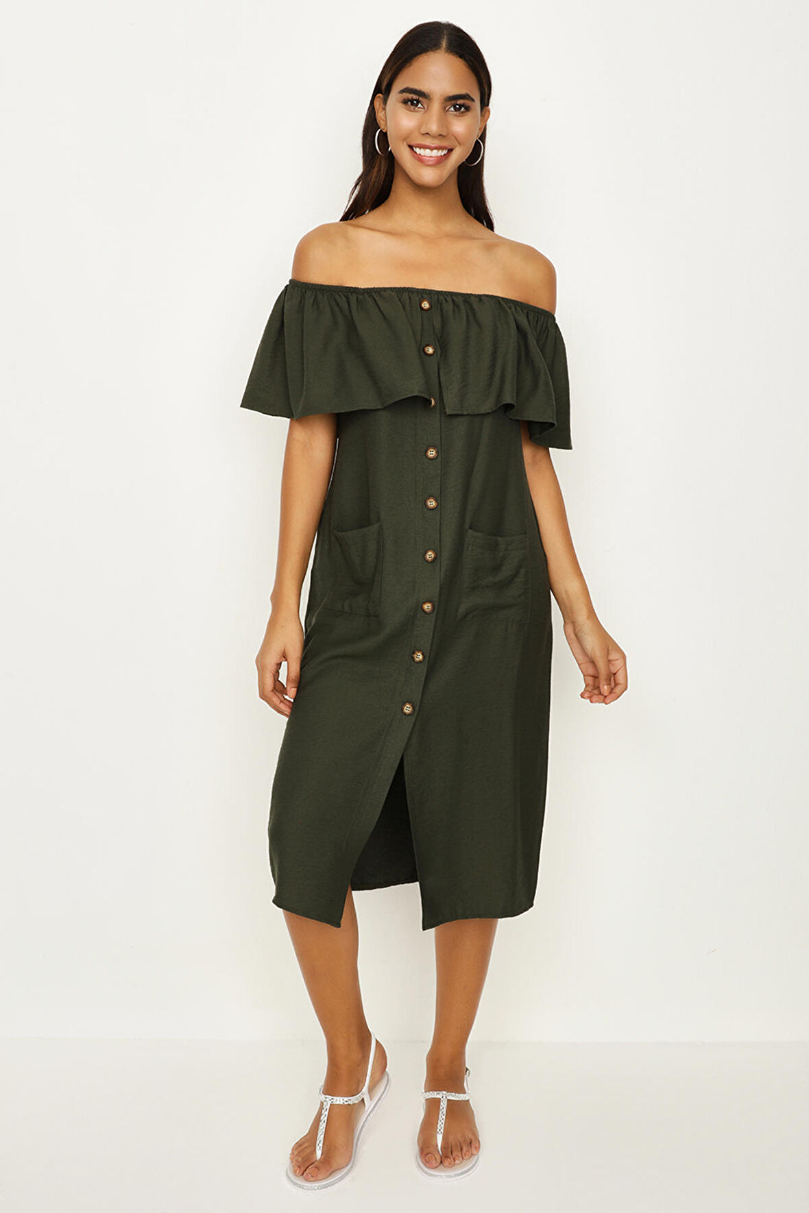 Kadın Carmen Yaka Düğme Detaylı Elbise