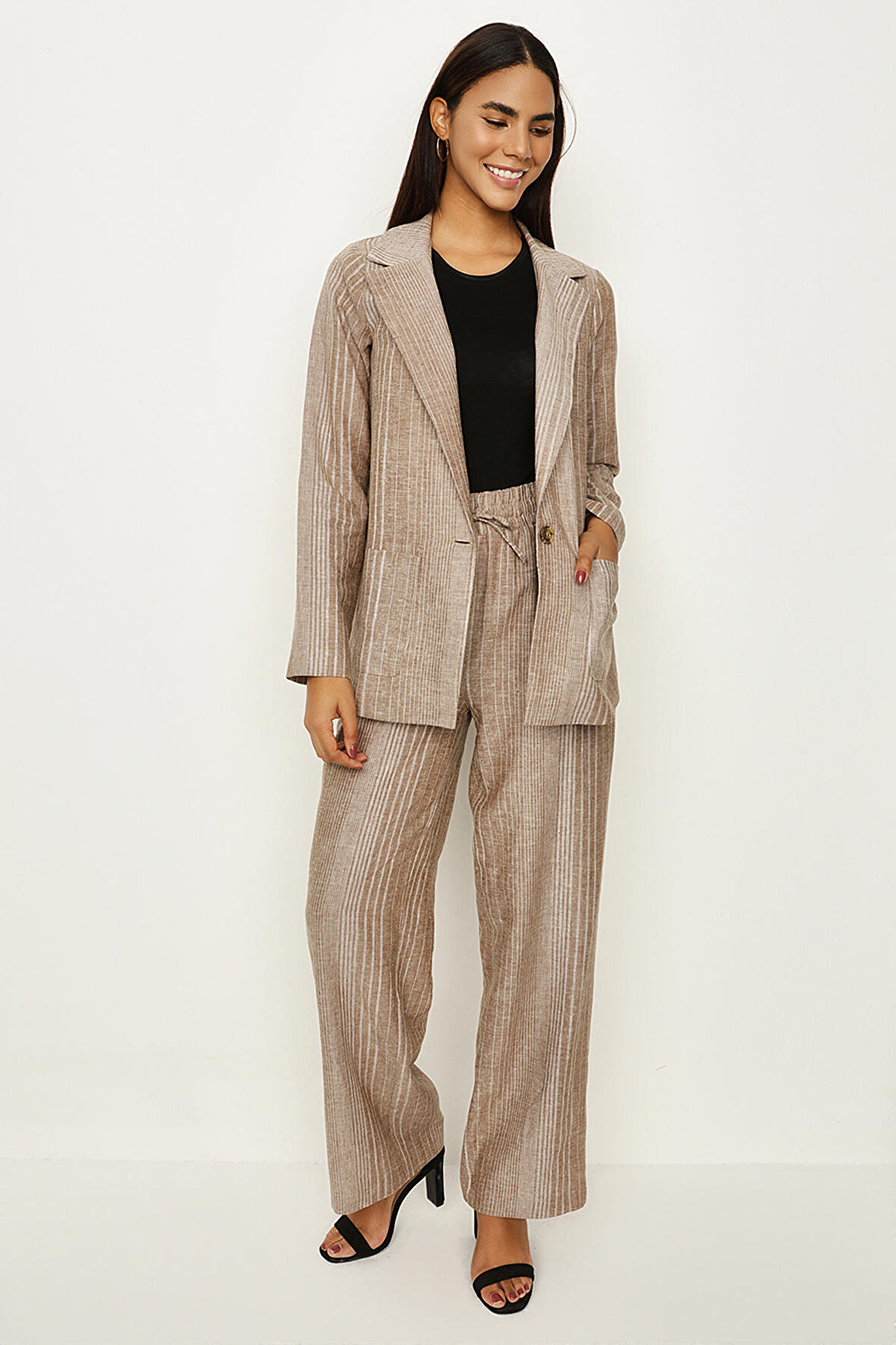 Kadın Çizgili Keten Ceket