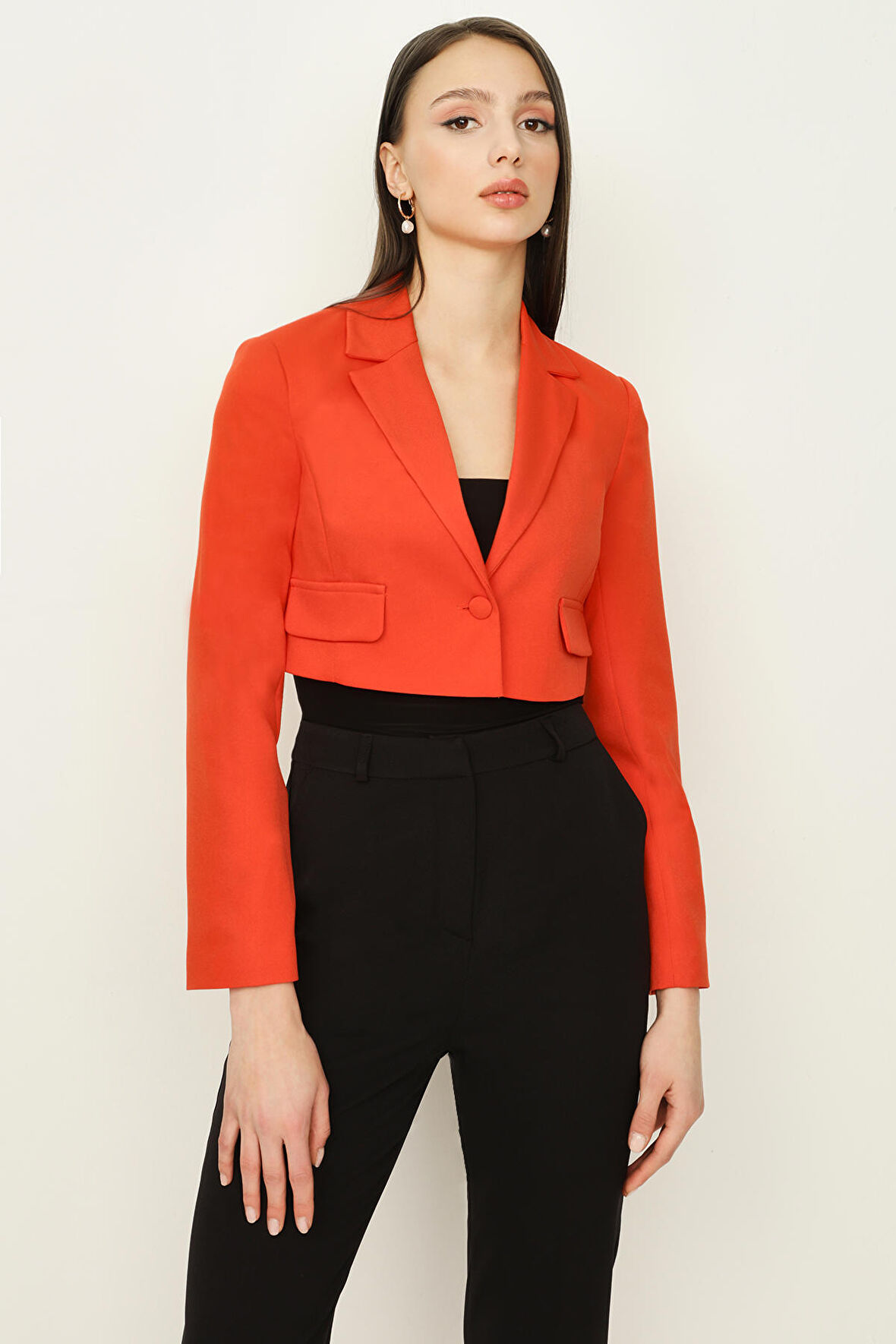 Kadın Orange Tek Düğmeli Crop Blazer Ceket