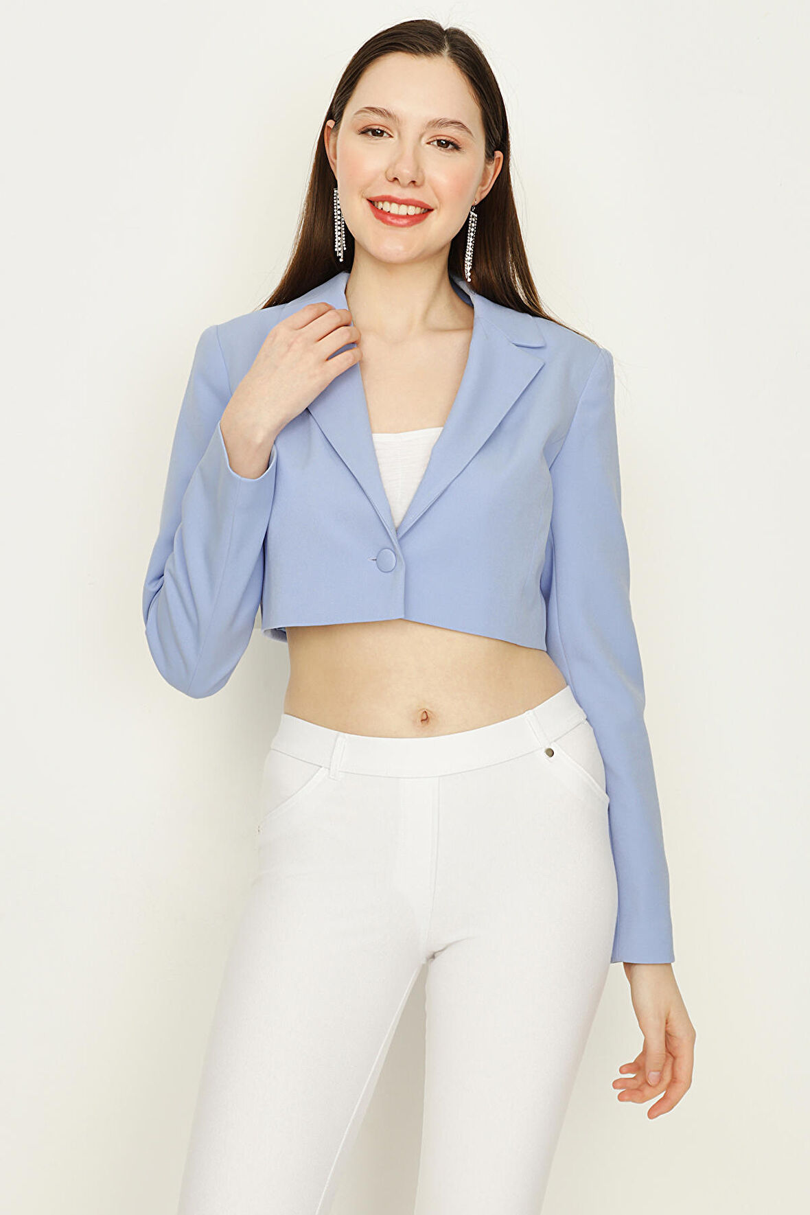 Kadın Tek Düğme Kapamalı Crop Blazer Ceket