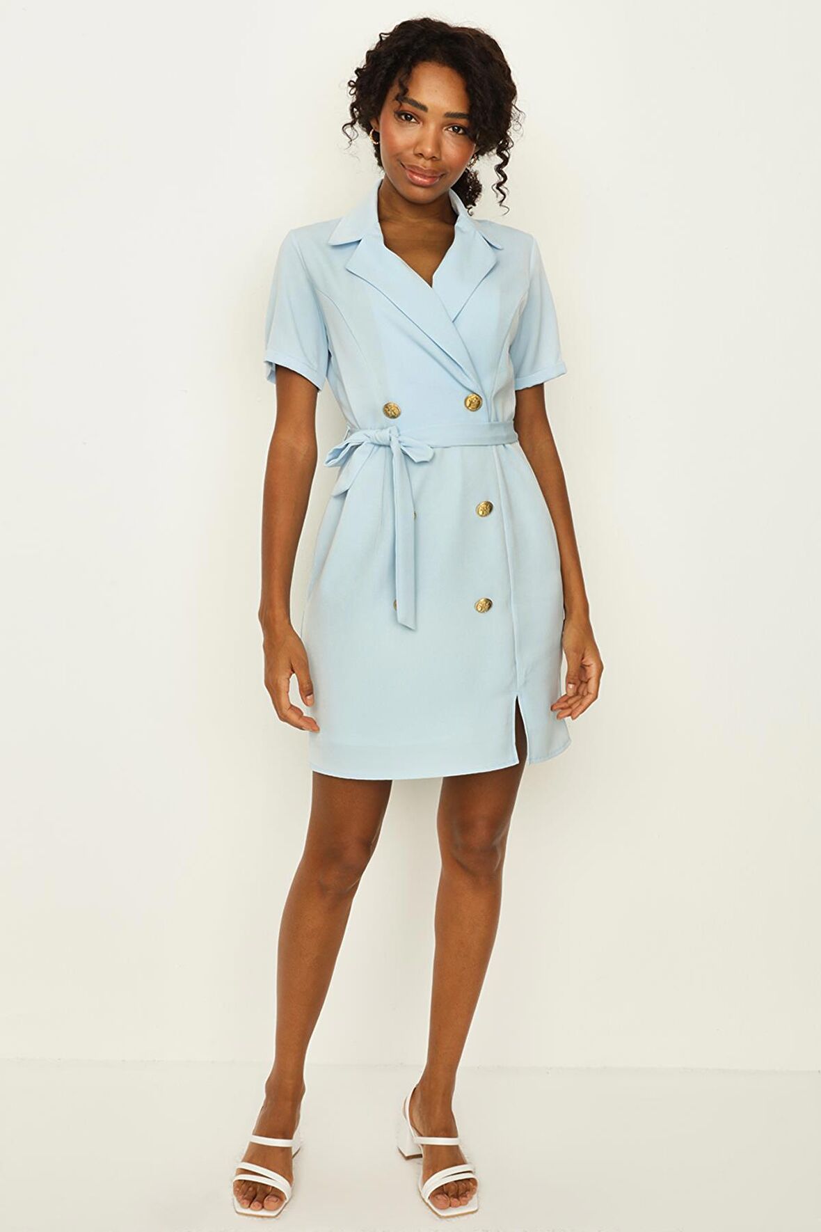 Kadın Düğme Detaylı Kuşaklı Ceket Elbise